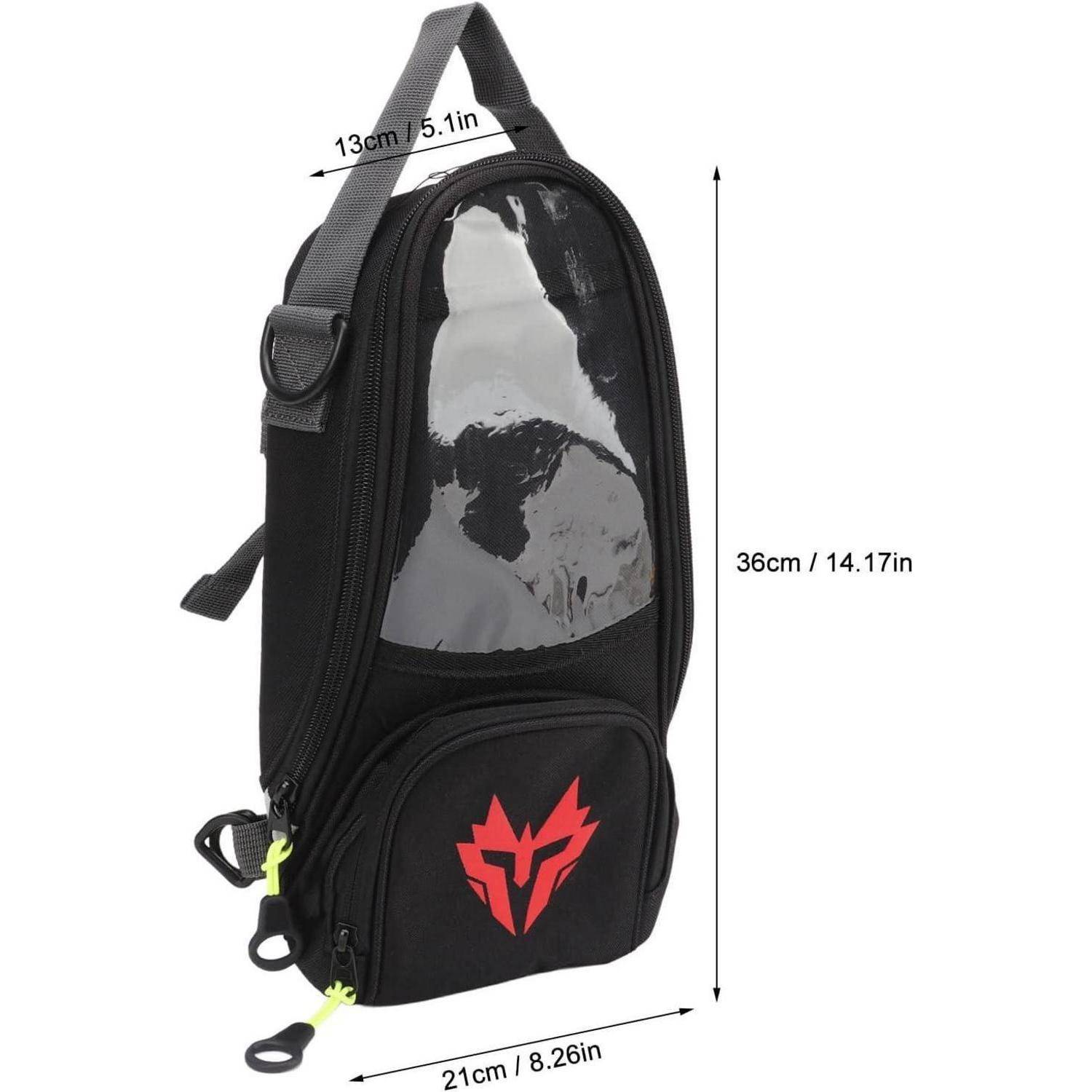 Schwarzer Sling-Rucksack mit transparentem Frontpanel und rotem Logo, gezeigt mit den Abmessungen 36 x 21 x 13 cm.
