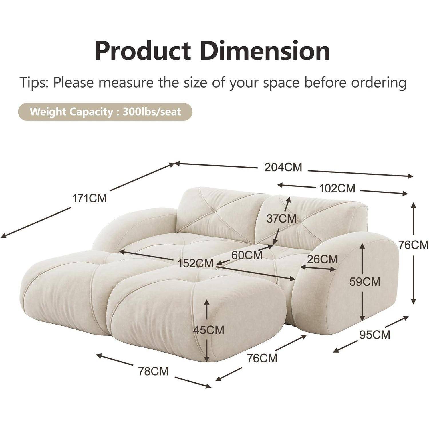 Produktdimensionsdiagramm eines beigen Sofas mit beschrifteten Maßen: 204 cm breit, 102 cm tief, 76 cm hoch, mit Abschnittsitz- und Armlehnendimensionen und Tragfähigkeit 300 lbs/Sitzplatz.
