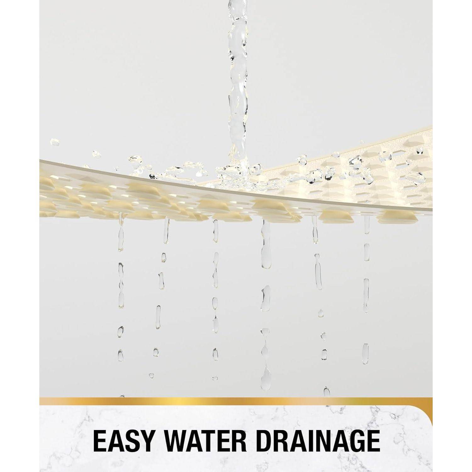 Produktgrafik mit Wasser, das durch eine perforierte Oberfläche abfließt, mit der Bezeichnung „EINFACHE WASSERDRÄNAGE