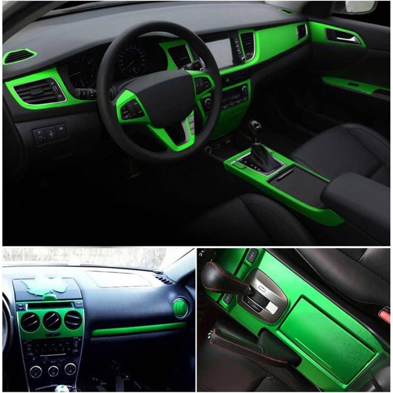 Collage eines Autoinnenraums mit angepasstem Design, das leuchtend grüne Verkleidung auf dem Armaturenbrett, der Mittelkonsole und der Türverkleidung zeigt und das sportliche Design hervorhebt.