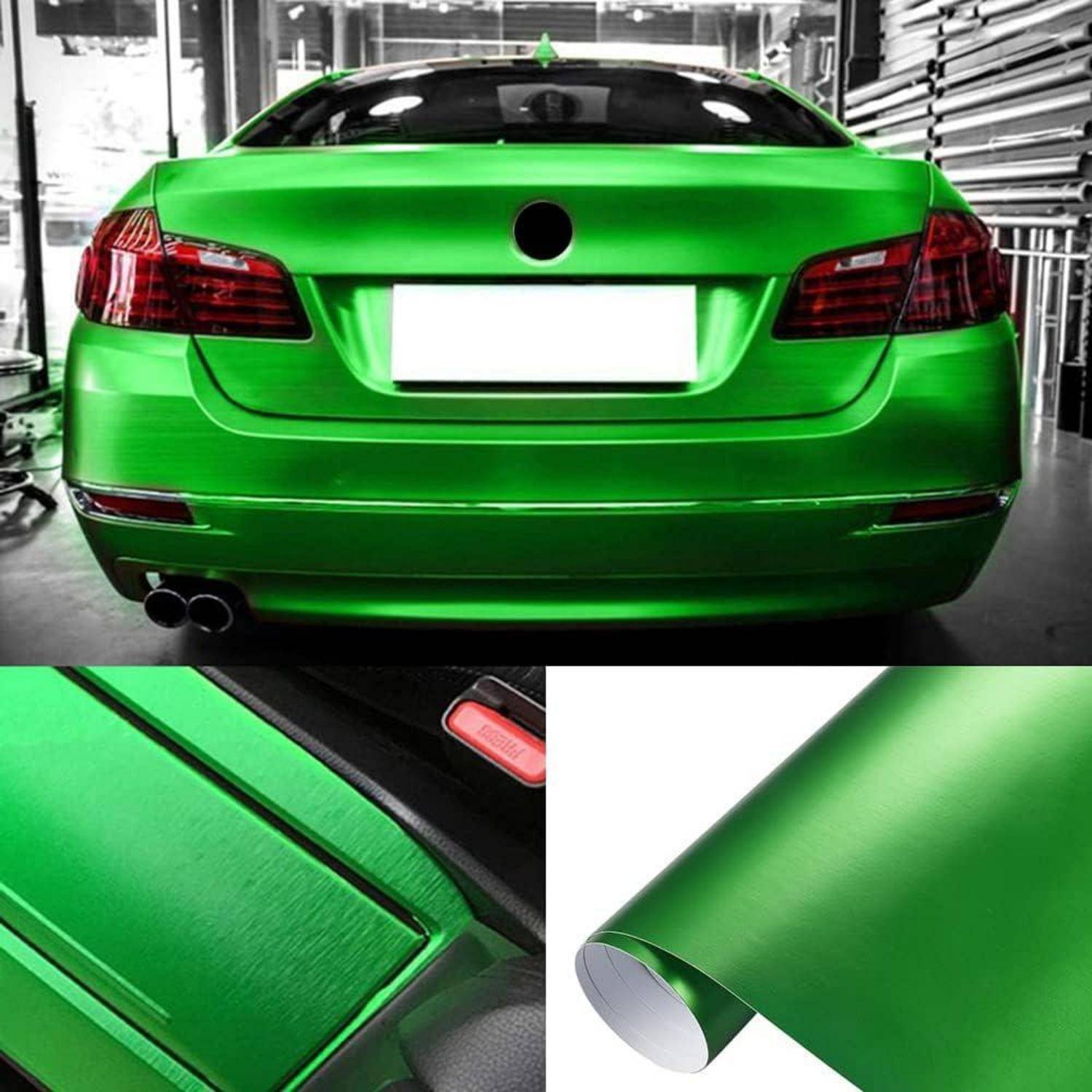 Leuchtend grünes Auto mit metallischer Vinyl-Folie beklebt, von hinten gezeigt mit Nahaufnahmen des strukturierten Folienmaterials und der Oberfläche.