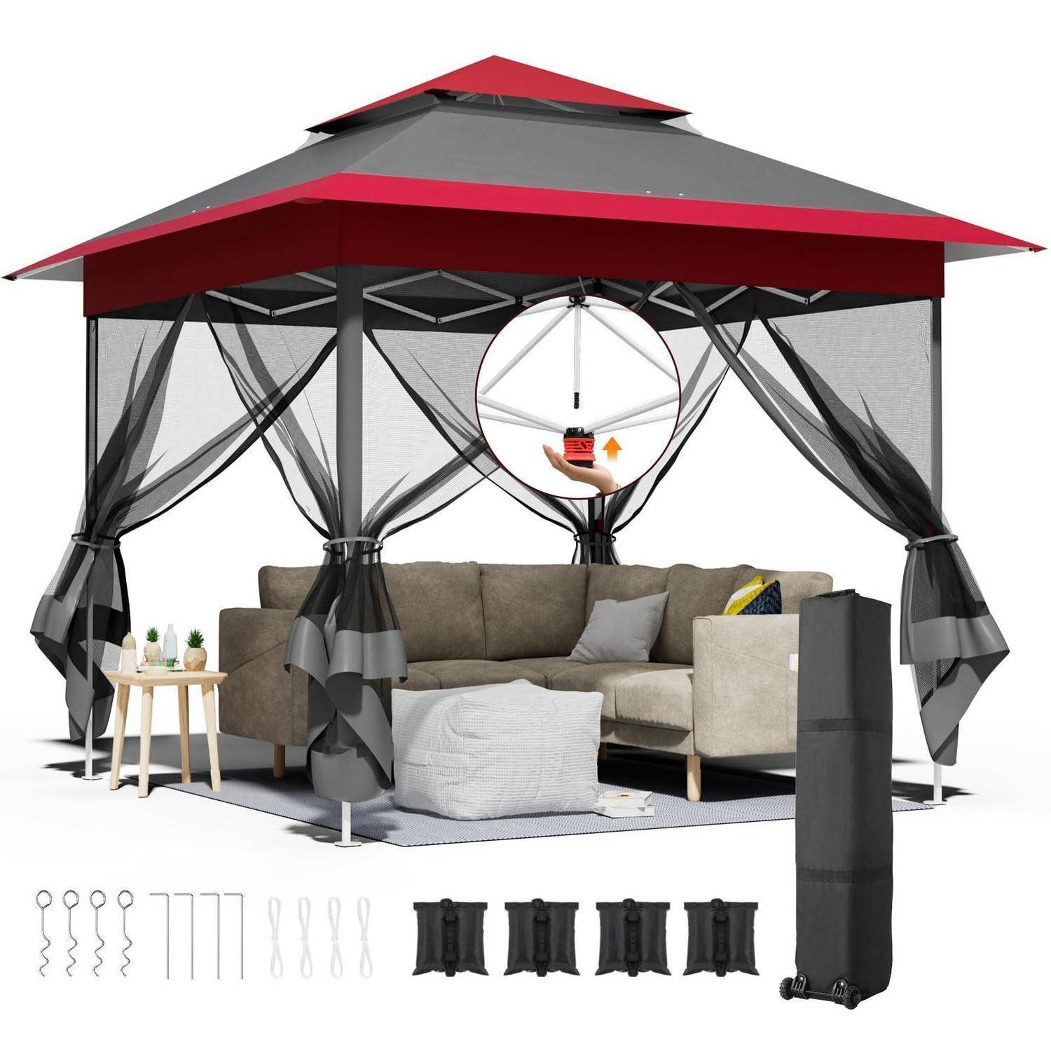 Roter Pavillon mit schwarzem Moskitonetz, Außensofa mit Ottomane im Inneren; in der unteren Reihe sind die mitgelieferten Heringe, Spannseile, Gewichte und die Tragetasche abgebildet.