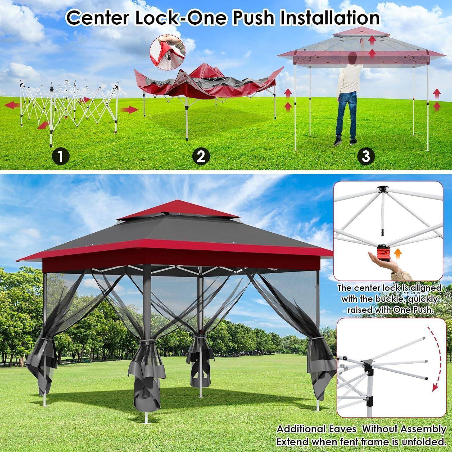 Abbildung eines Falt-Pavillon-Zelts mit Mittelverschluss und Ein-Knopf-Installation, die Montagesschritte und das fertige rot-graue Zelt auf einer Grünfläche zeigt.