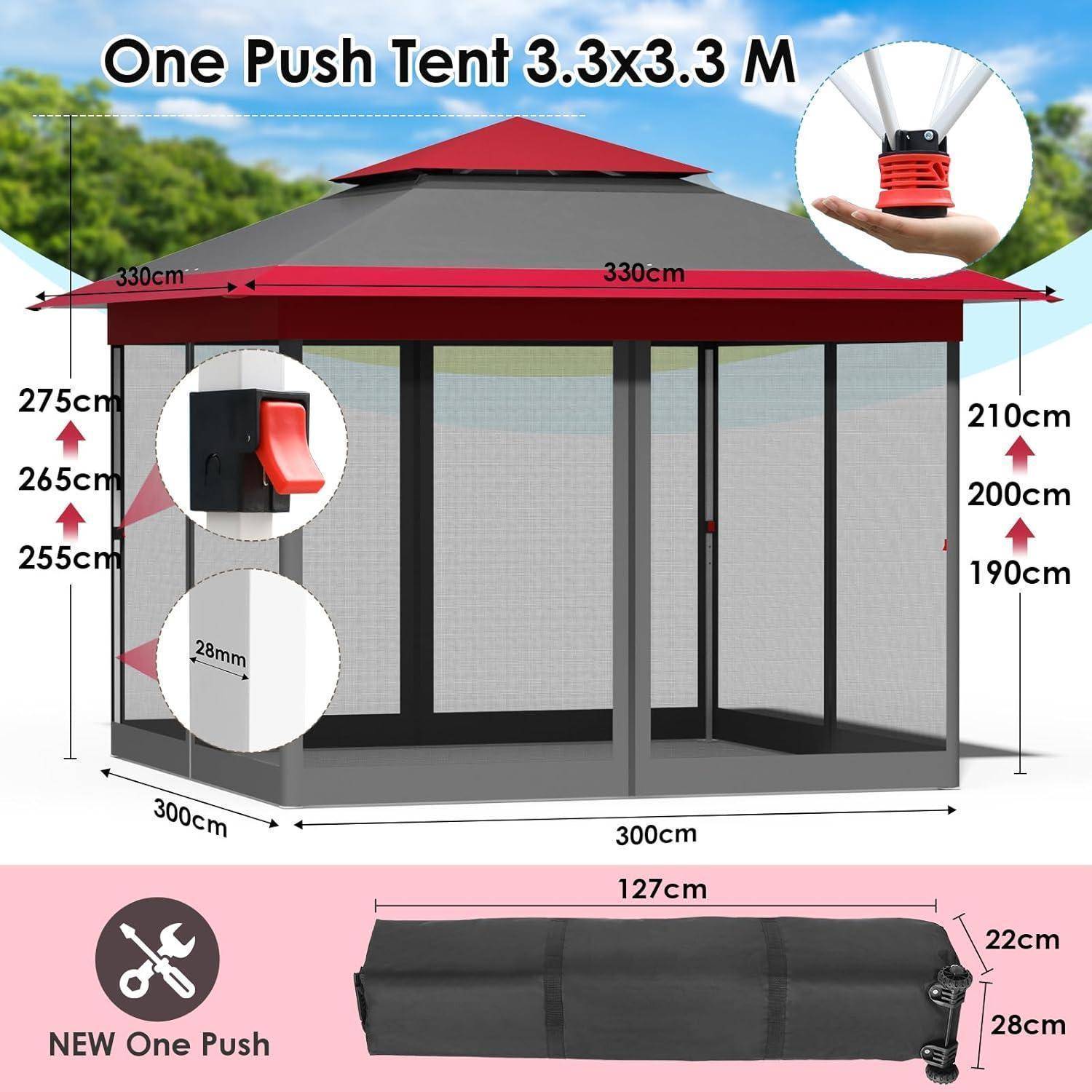 Illustration eines „One Push Zeltes 3,3x3,3 M" mit beschrifteten Abmessungen, Seitenansicht und Nahaufnahmen des Schiebemechanismus und der gefalteten Tragetasche.