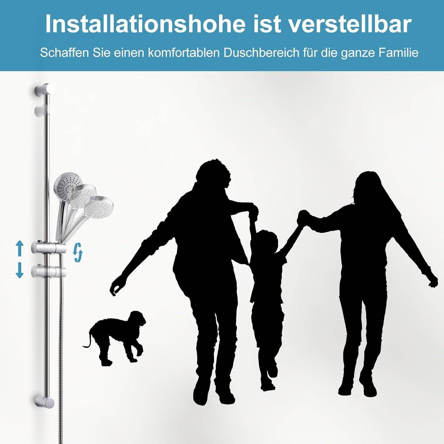 Silhouette einer Familie unter der Dusche neben einer verstellbaren Duschsäule, mit deutschem Text, der einen komfortablen Duschbereich für die ganze Familie bewirbt.