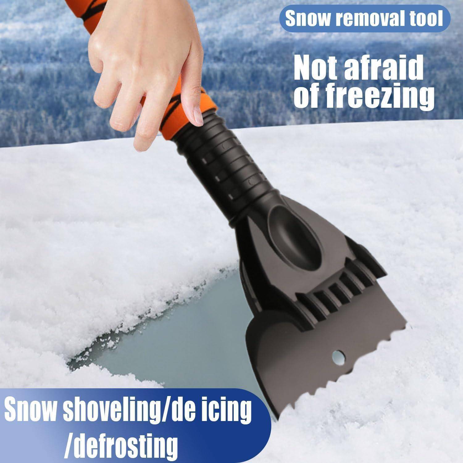 Hand mit einem Schneeräumwerkzeug zum Abkratzen von Eis und Schnee von einer Autowindschutzscheibe, mit Text „Keine Angst vor Frost