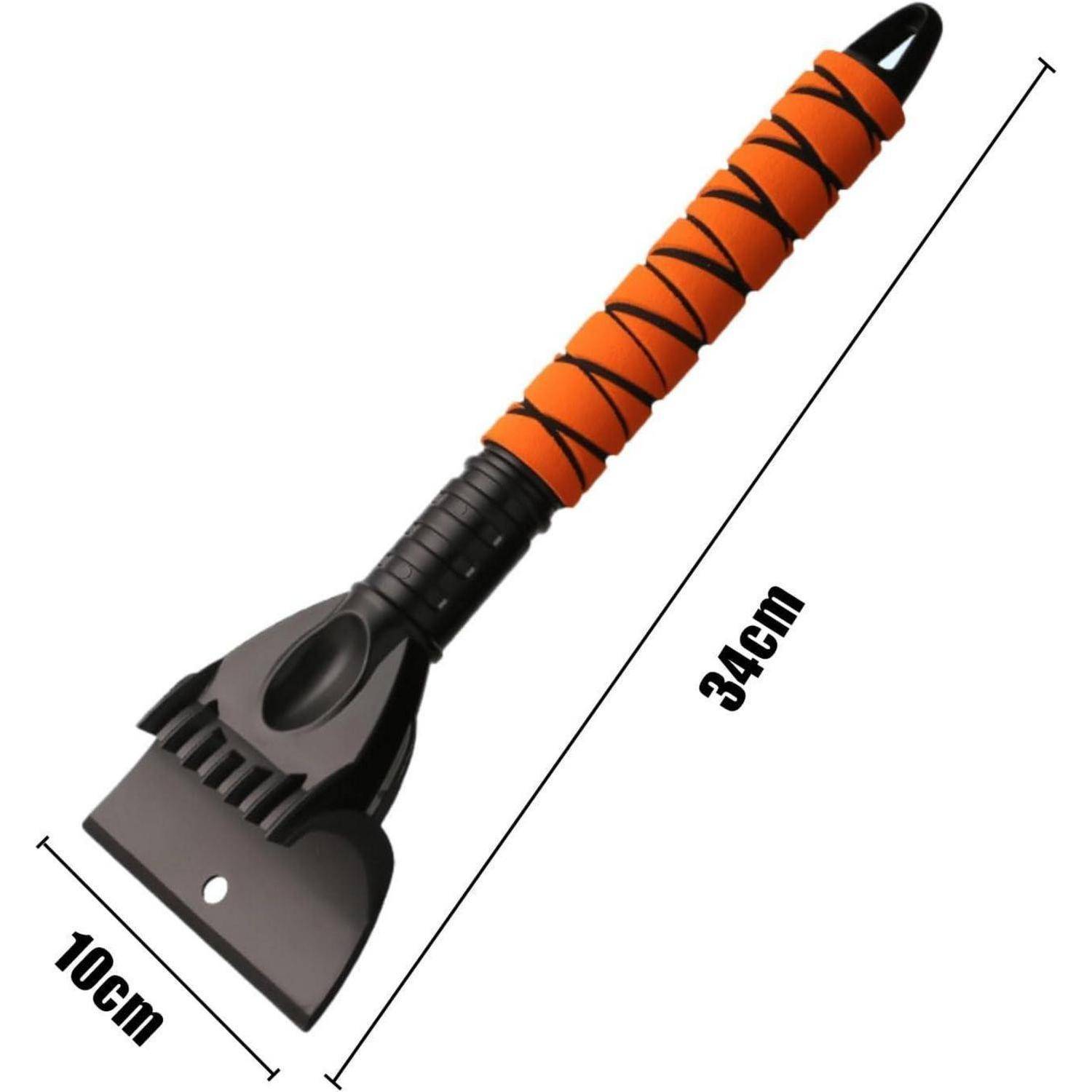 Orange-schwarzer Eiskratzer mit 34 cm langem Griff und 10 cm breiter Klinge, gezeigt mit Größenangaben.