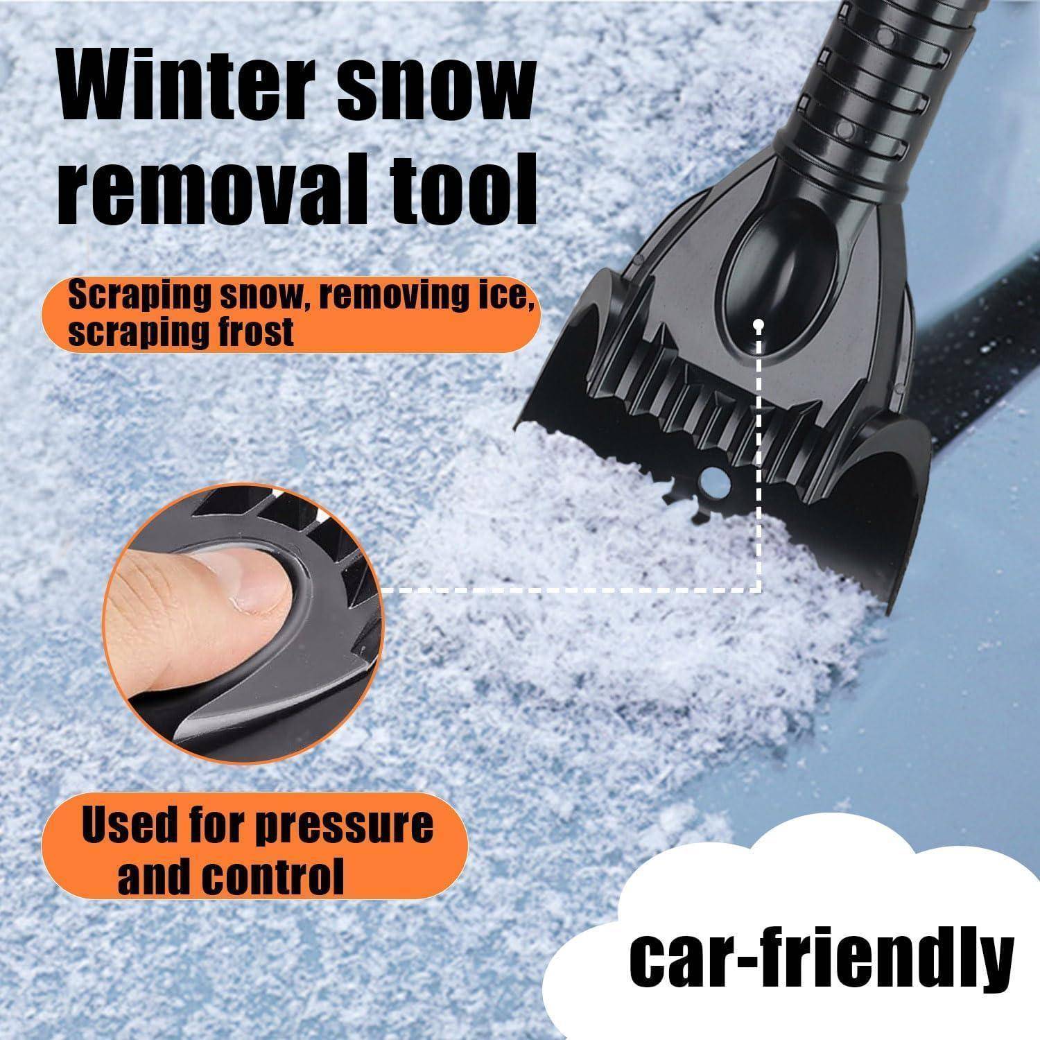 Werbung für ein Winter-Schneeräumungswerkzeug kratzt Schnee, Eis und Reif von einem Auto ab, mit Nahaufnahme des Schabers und dem Text „autofreundlich