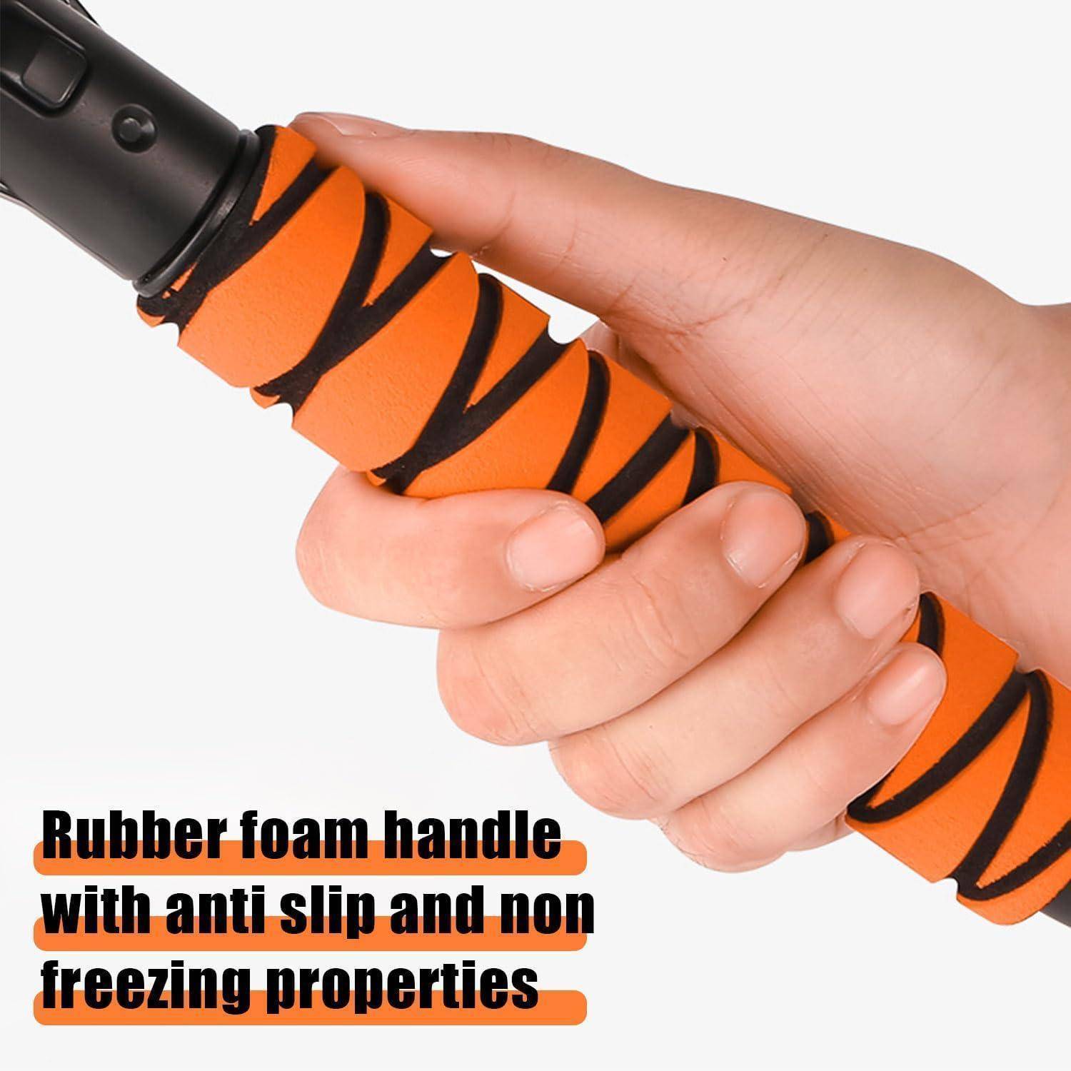 Hand hält einen Orange-schwarzen Schaumstoffgriff; Text besagt „Gummi-Schaumstoffgriff mit rutschfesten und frostsicheren Eigenschaften