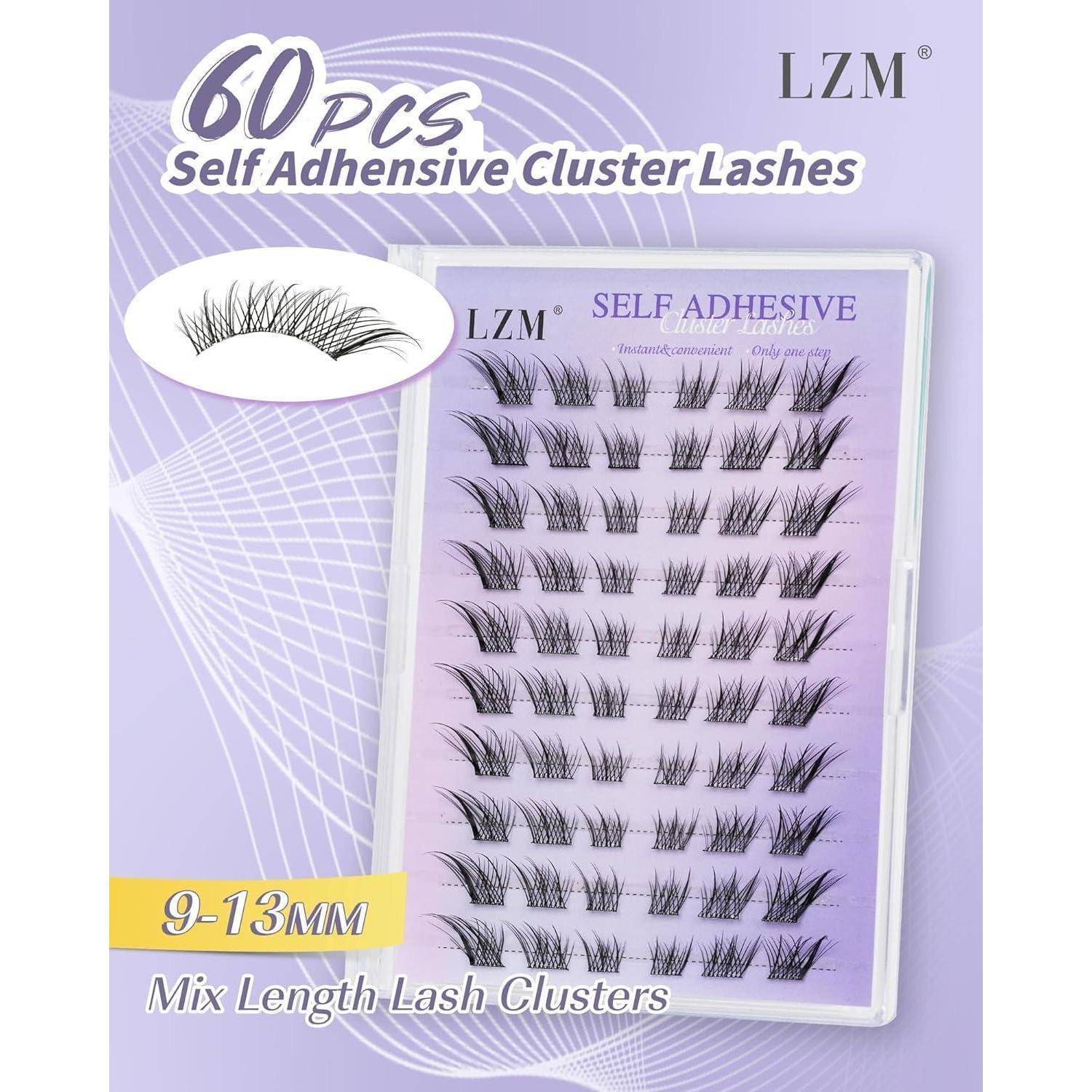 Produktbild von selbstklebenden Cluster-Wimpernverlängerungen LZM, 60 Stück, gemischte Länge 9-13 mm, gezeigt in einer Wimpern-Tablett-Verpackung.