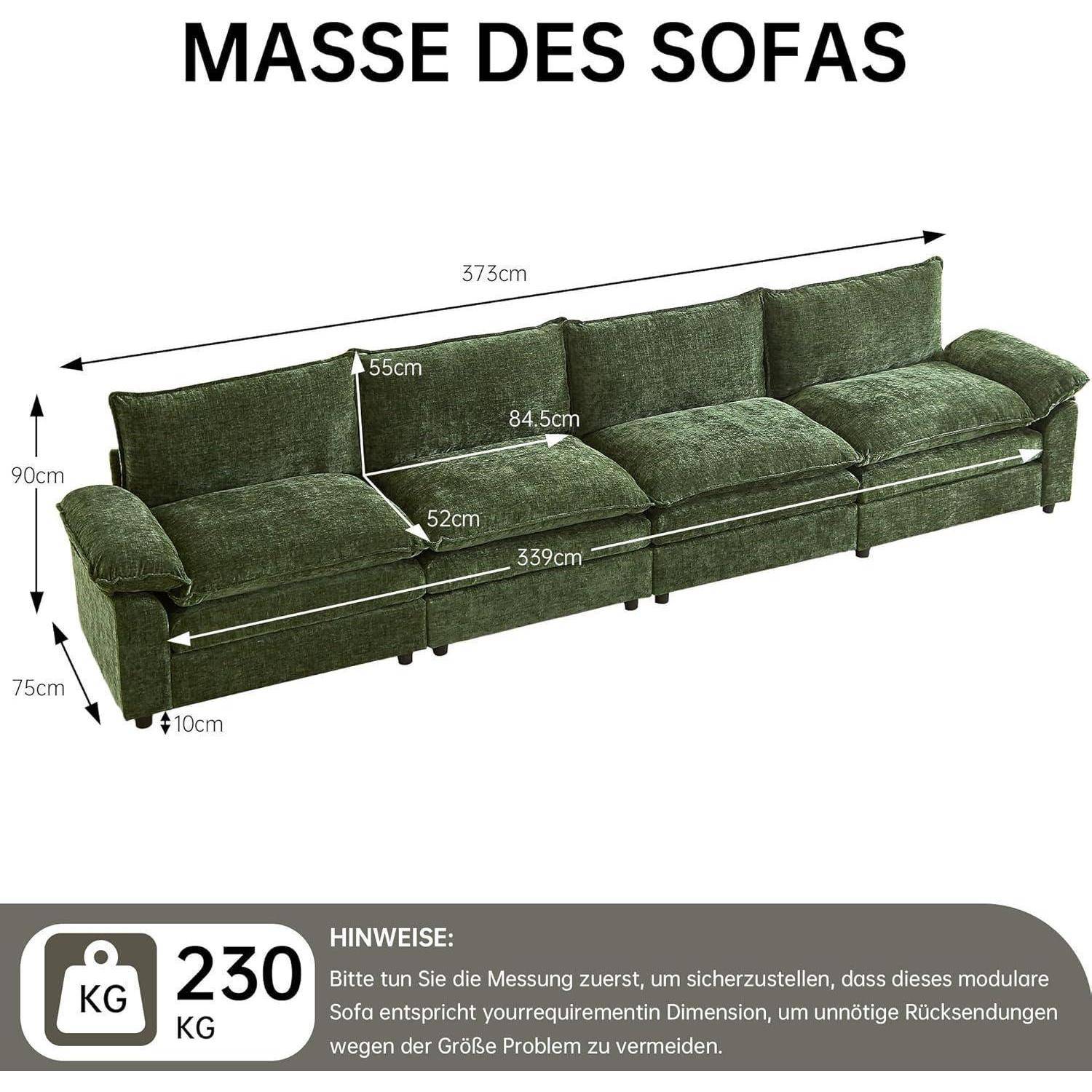 Diagramm eines grünen modularen Sofas mit beschrifteten Abmessungen: 373 cm lang, 90 cm hoch, 75 cm tief, 55 cm Rückenhöhe, 52 cm Sitzhöhe, 339 cm Basislänge, 84,5 cm Abschnitttsbreite; Notiz besagt „230 KG" und empfiehlt, zuerst zu messen.