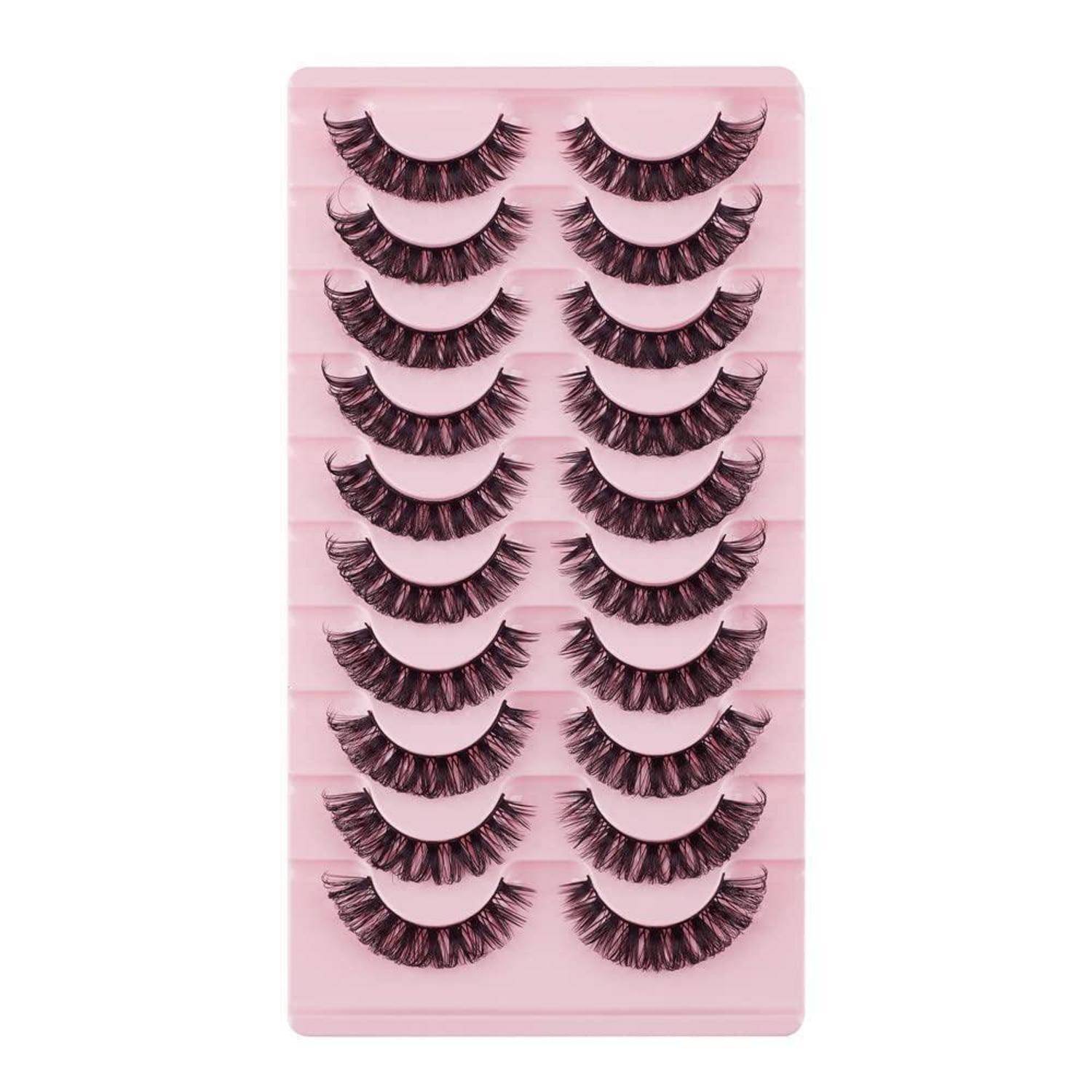 Ein rosa Paket zeigt mehrere Paare von künstlichen Wimpern, die in zwei Spalten angeordnet sind.