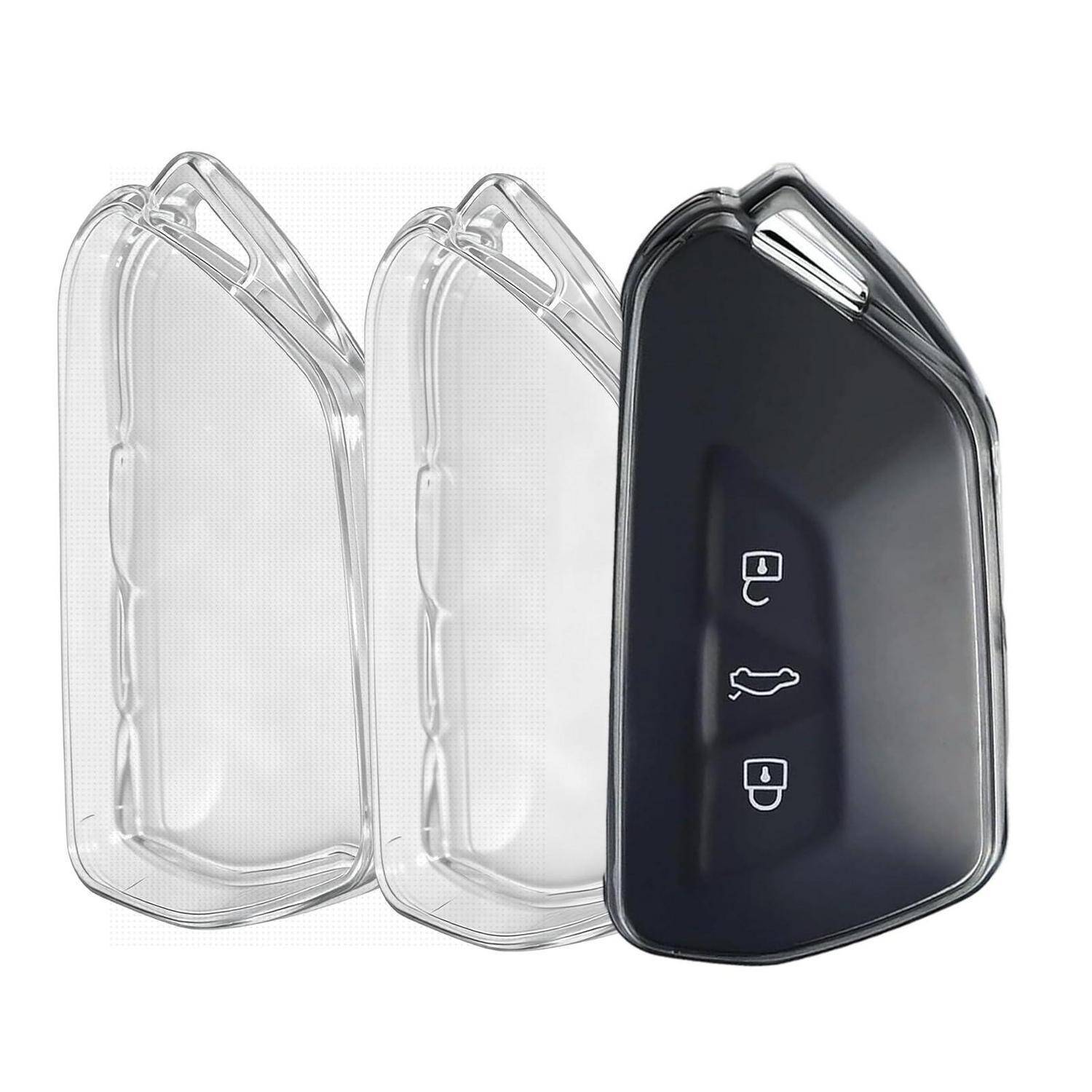 Drei Smartphone-Schutzhüllen in transparent und schwarz gezeigt, wobei die schwarze auf der Vorderseite drei kleine weiße Symbole aufweist.