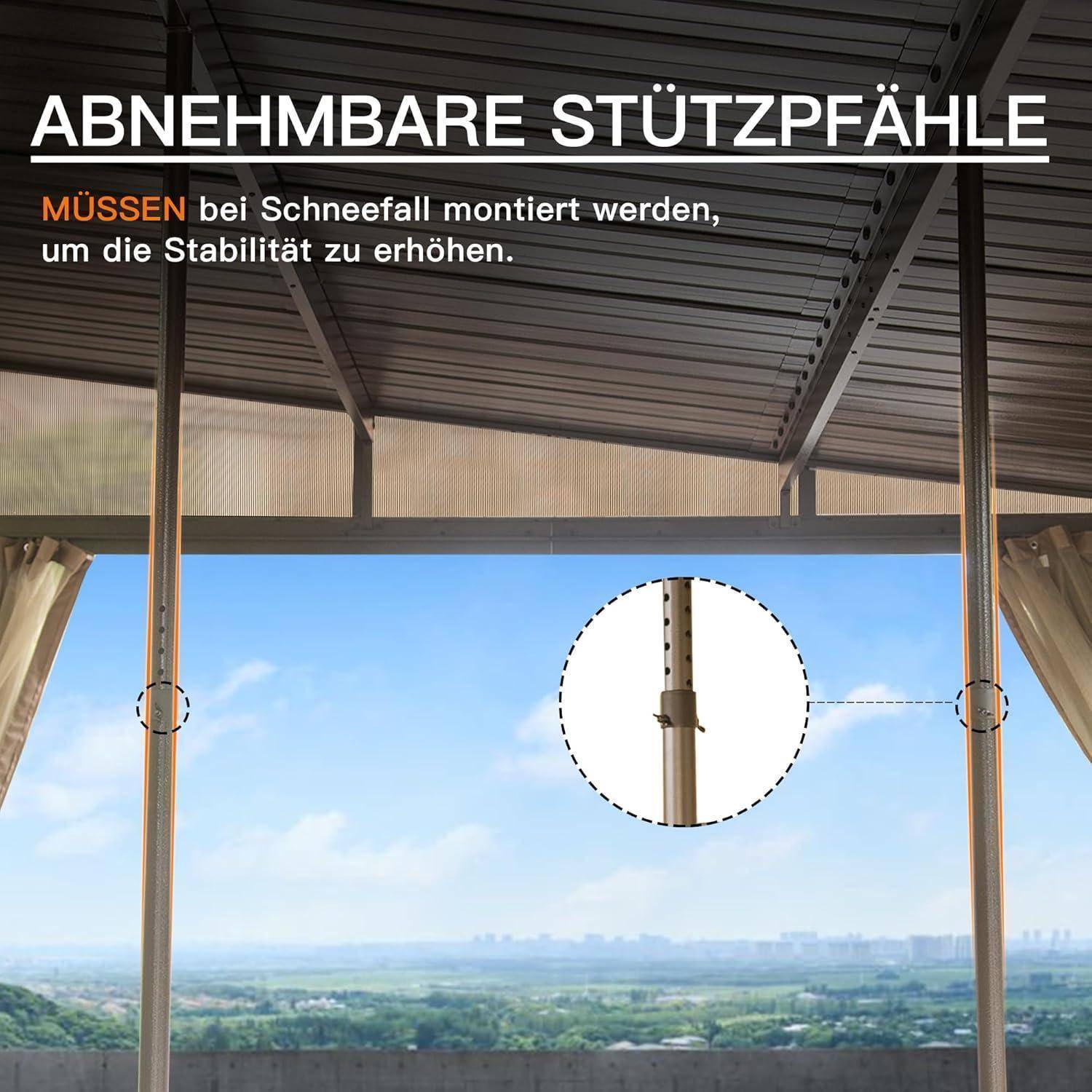Domi Wandmontierter Pavillon, 3,6 x 6,1 m, Hardtop-Terrassenüberdachung mit abgeschrägtem verzinktem Stahldach, Aluminiumrahmen, Vorhängen und Netz