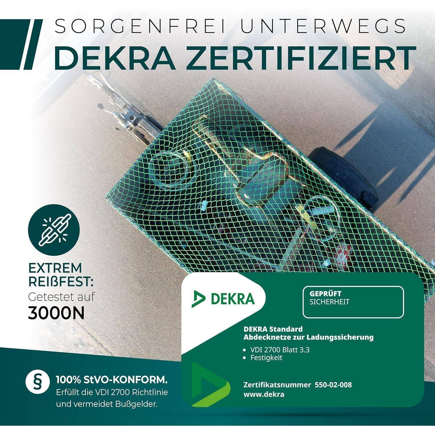 DEKRA-zertifiertes Ladungssicherungsnetz auf einem beladenen Anhänger, wirbt mit „extrem reißfest