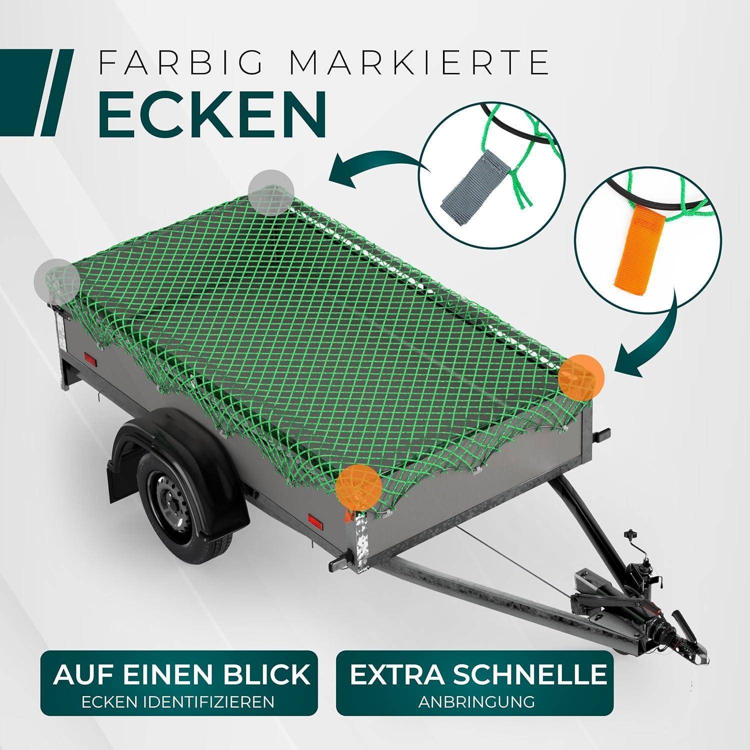 Anhänger mit grünem Ladungsnetz abgedeckt, mit in Grau und Orange hervorgehobenen Eckmarkierungen; Einsatzkreise zeigen markierte Ecken und der Text sagt „FARBIG MARKIERTE ECKEN