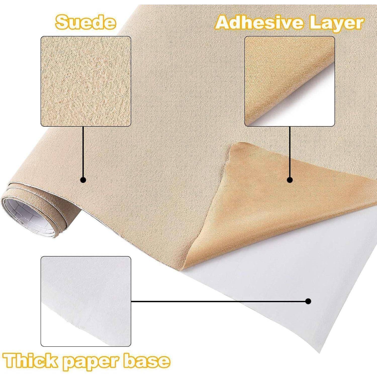 Diagramm von selbstklebender Wildlederbeschichtung, das die Wildlederoberfläche, die Klebstoffschicht und die dicke Papierbasis zeigt