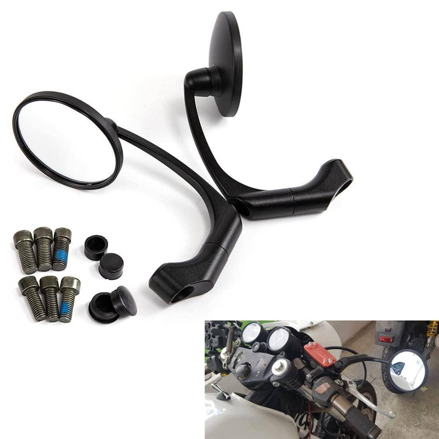 Schwarzes Motorrad-Lenkerstangenspiegel-Set mit zwei runden Spiegeln, Montageklammern und Bolzen; Einsatz zeigt die Installation auf einer Motorrad-Lenkerstange.