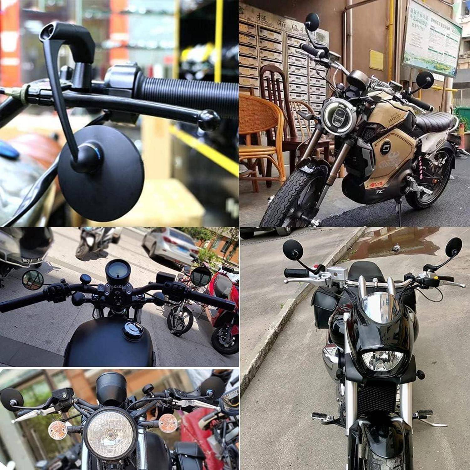 Collage eines Motorrads mit runden Lenkerspiegeln und eine Frontansicht, die das Zubehör auf verschiedenen Motorrädern installiert zeigt.