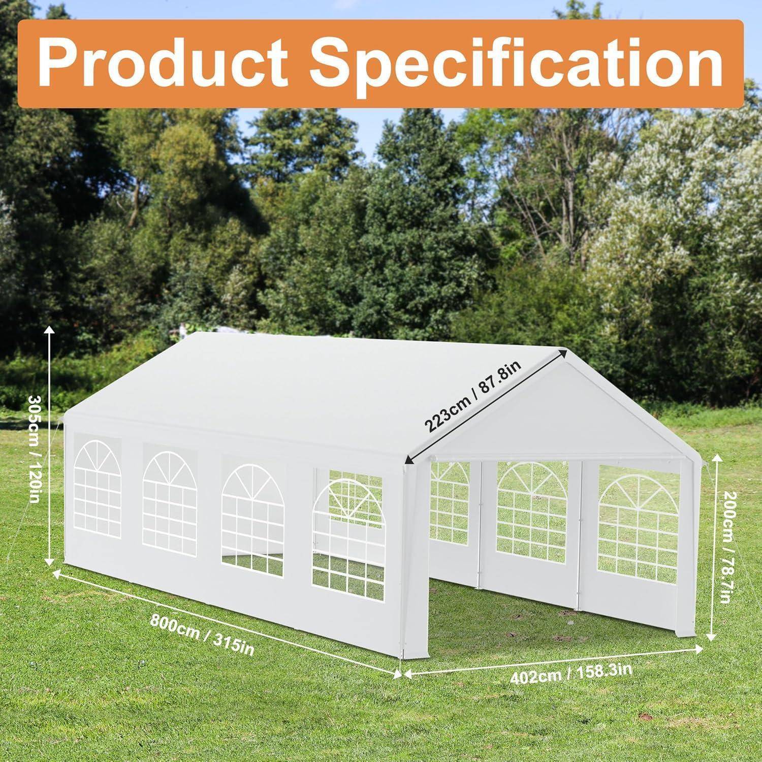 Produktspezifikationsgrafik mit einem weißen Outdoor-Eventzelt auf Gras, beschriftet mit Abmessungen: 800cm x 402cm x 305cm, plus 223cm Dachlänge und 200cm Seitenhöhe.