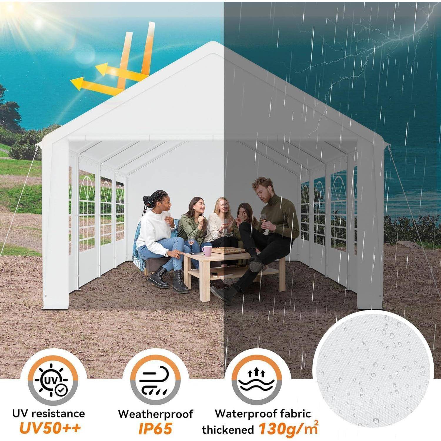 Werbebild eines weißen Outdoor-Zelts, das fünf Personen an einem Picknicktisch schützt, in einer Spaltenansicht mit Sonne und Regen dargestellt, wobei UV-Beständigkeit, wasserdichter Stoff und IP65-Wetterschutz hervorgehoben werden.