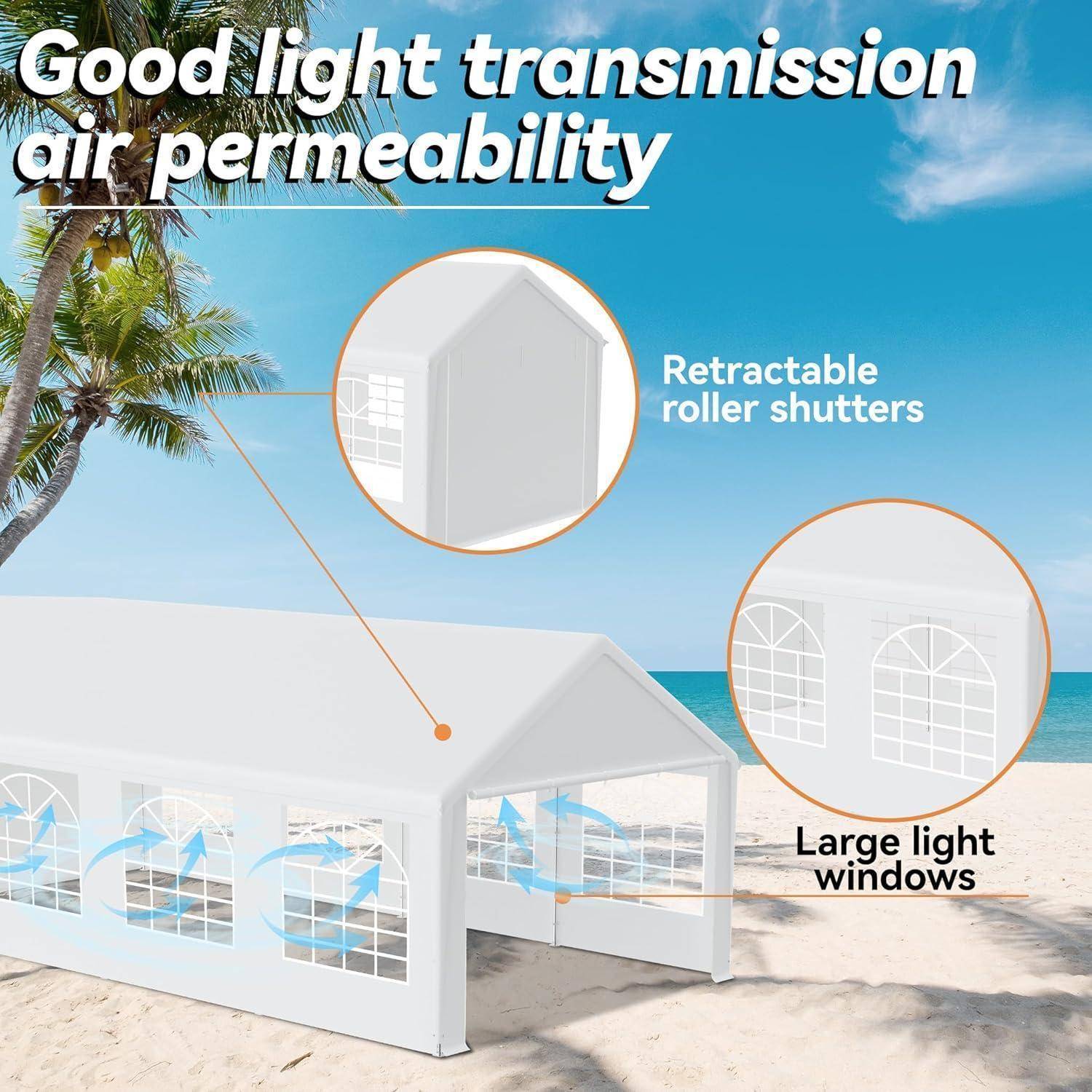 Illustration eines weißen Strandpavillons mit Beschriftungen, die "Gute Lichttransmission Luftdurchlässigkeit"" hervorheben, ausziehbare Rolläden und große Lichfenster.