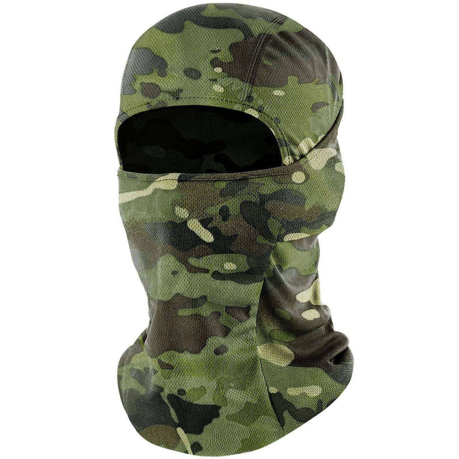 Grüne Tarnfarben-Sturmhaube mit Gesichtsmaske, die Kopf, Hals und das untere Gesicht bedeckt, mit einer einzigen Öffnung für die Augen.