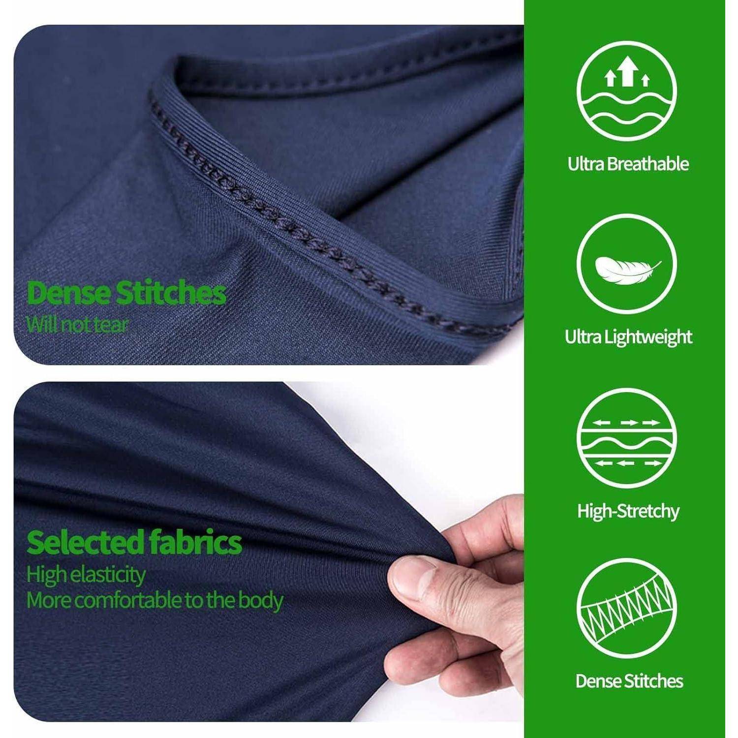 Nahaufnahme des Stoffes mit dichten Stichen und dehnbarem Material, das von Hand gezogen wird; Seitensymbole heben ultra atmungsaktiv, ultra leicht, hochelastisch und dichte Stiche hervor.