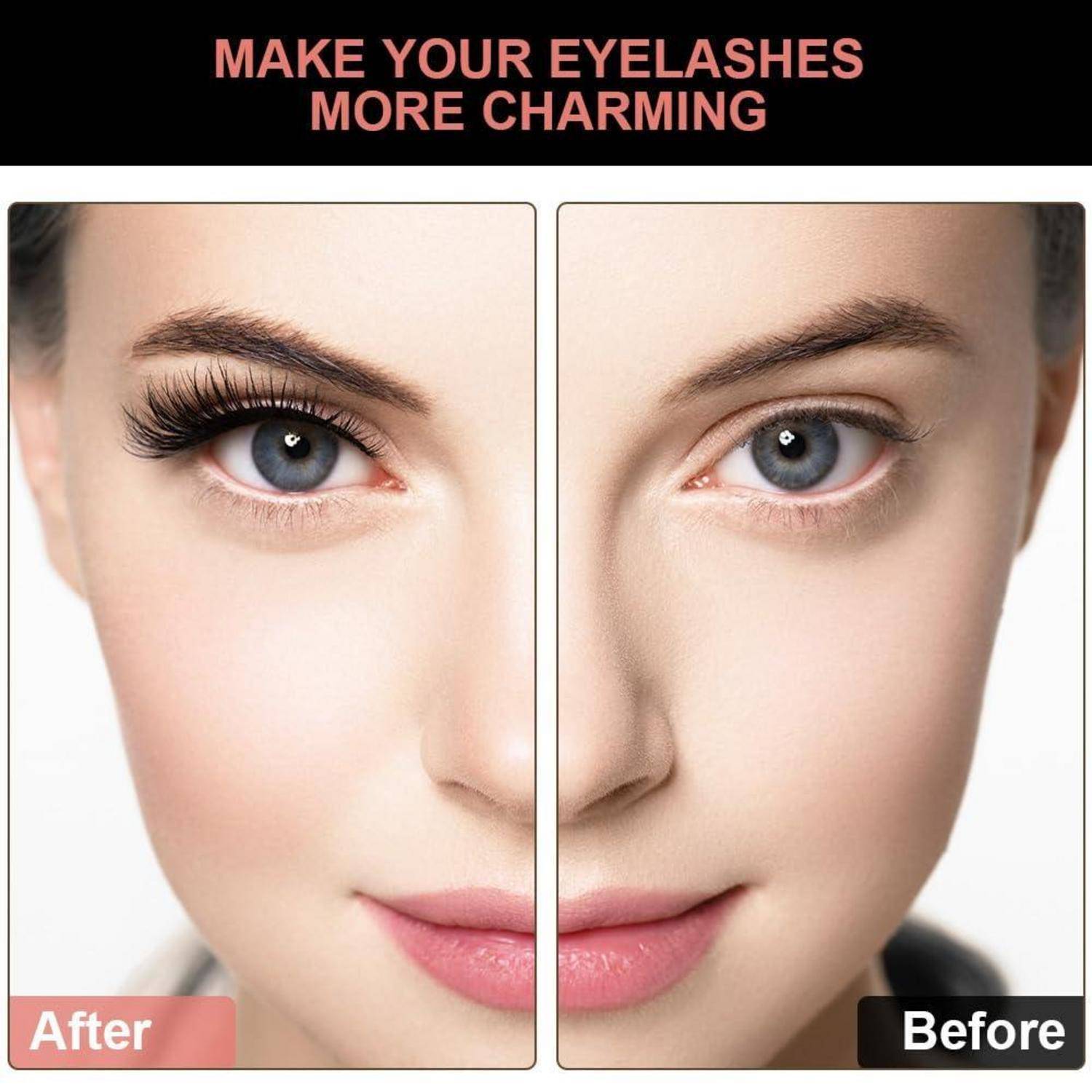 Vorher-und-Nachher-Schönheitswerbung, die das Auge einer Frau mit längeren Wimpern auf der linken Seite und natürlichen Wimpern auf der rechten Seite zeigt, mit den Beschriftungen „Nachher