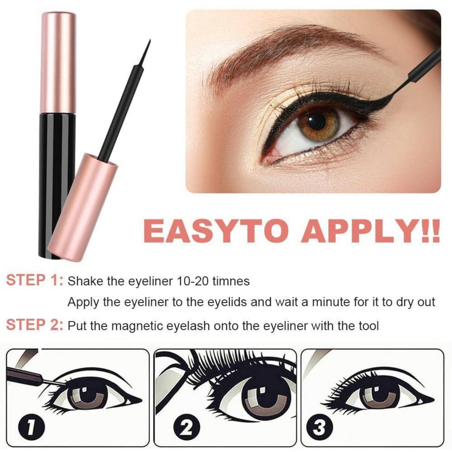 Infografik zur Anwendung von magnetischem Eyeliner und magnetischen Wimpern, mit Produktbild, Nahaufnahme des Auges und drei Schritt-für-Schritt-Anwendungsabbildungen.