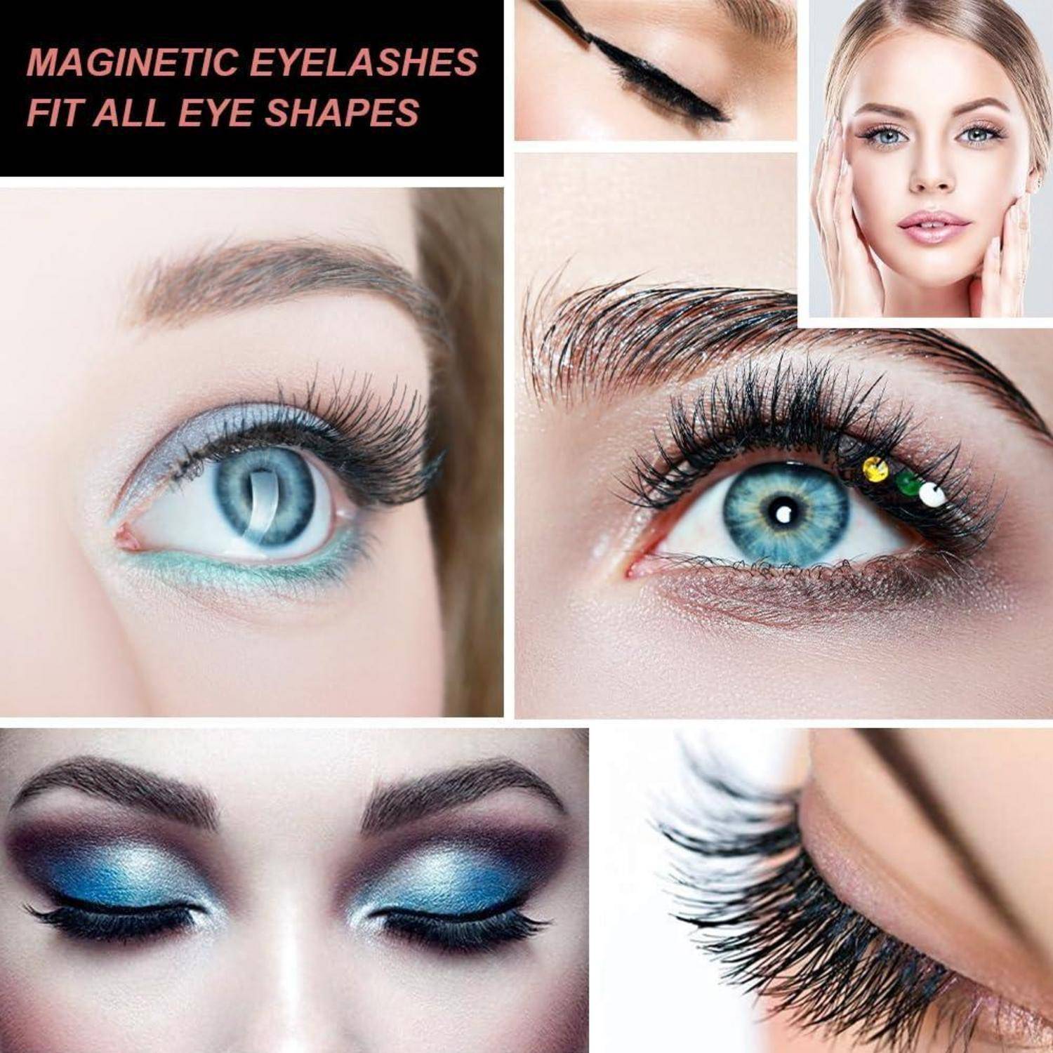 Collage-Werbung für magnetische Wimpern, zeigt Nahaufnahmen von Augen mit dramatischen künstlichen Wimpern und dem Text „MAGNETISCHE WIMPERN PASSEN ZU ALLEN AUGENFORMEN