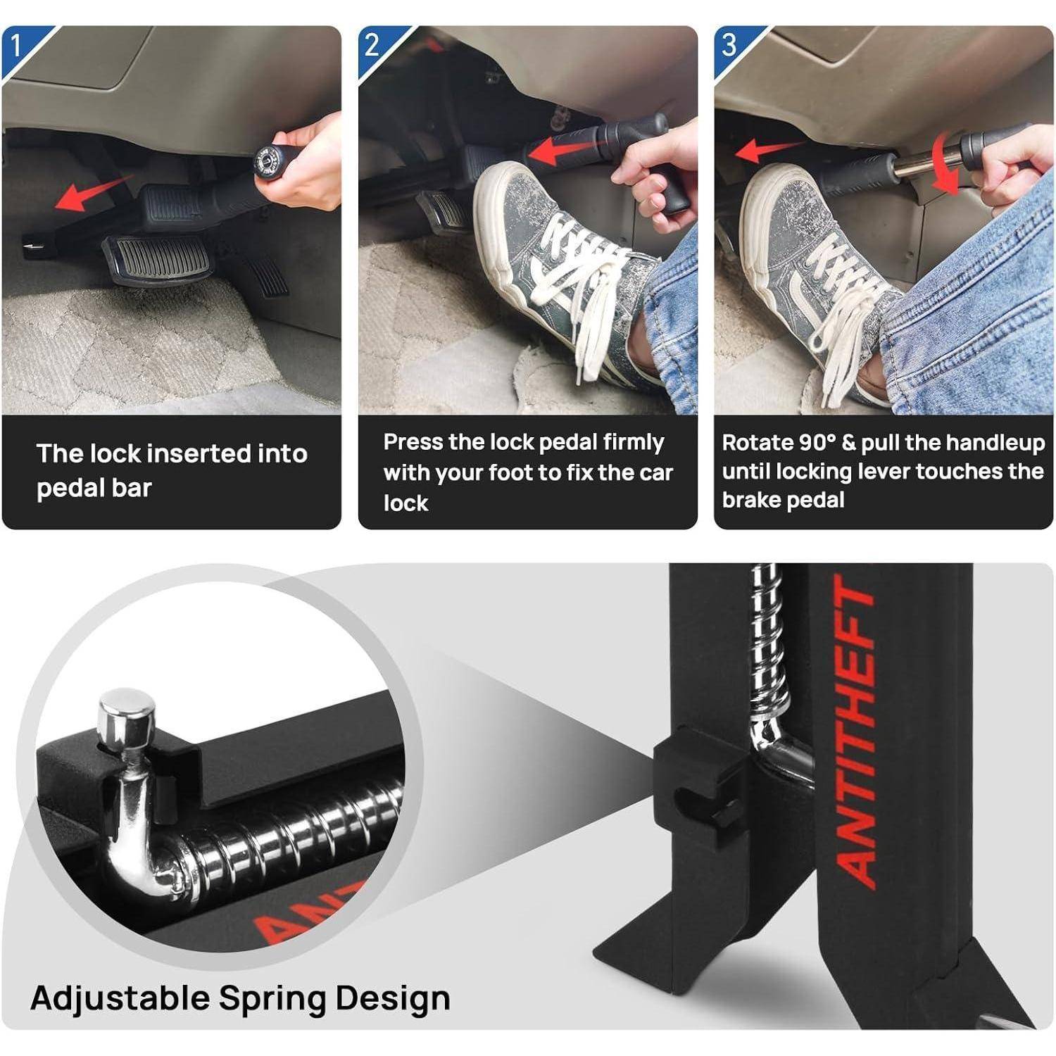 Installationsleitfaden für Autapedalsperre in drei Schritten mit Einfügung in die Pedalstange, Drücken der Sperrpedale und Drehen des Griffs zum Sichern der Bremspedale; beinhaltet verstellbares Federdesign.