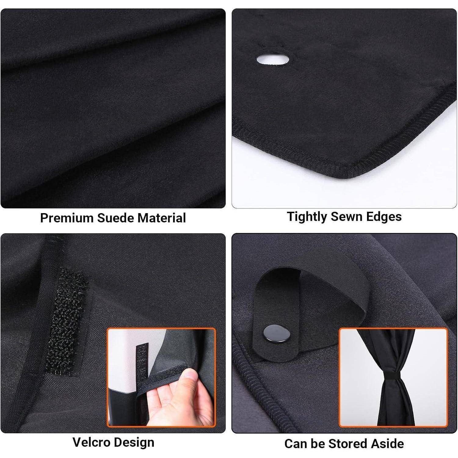 Vier-Panel-Produktabbildung mit einer schwarzen, wildledähnlichen Matte mit dicht vernähten Kanten, Klettverschluss und zusammenklappbarem Lagerfach.