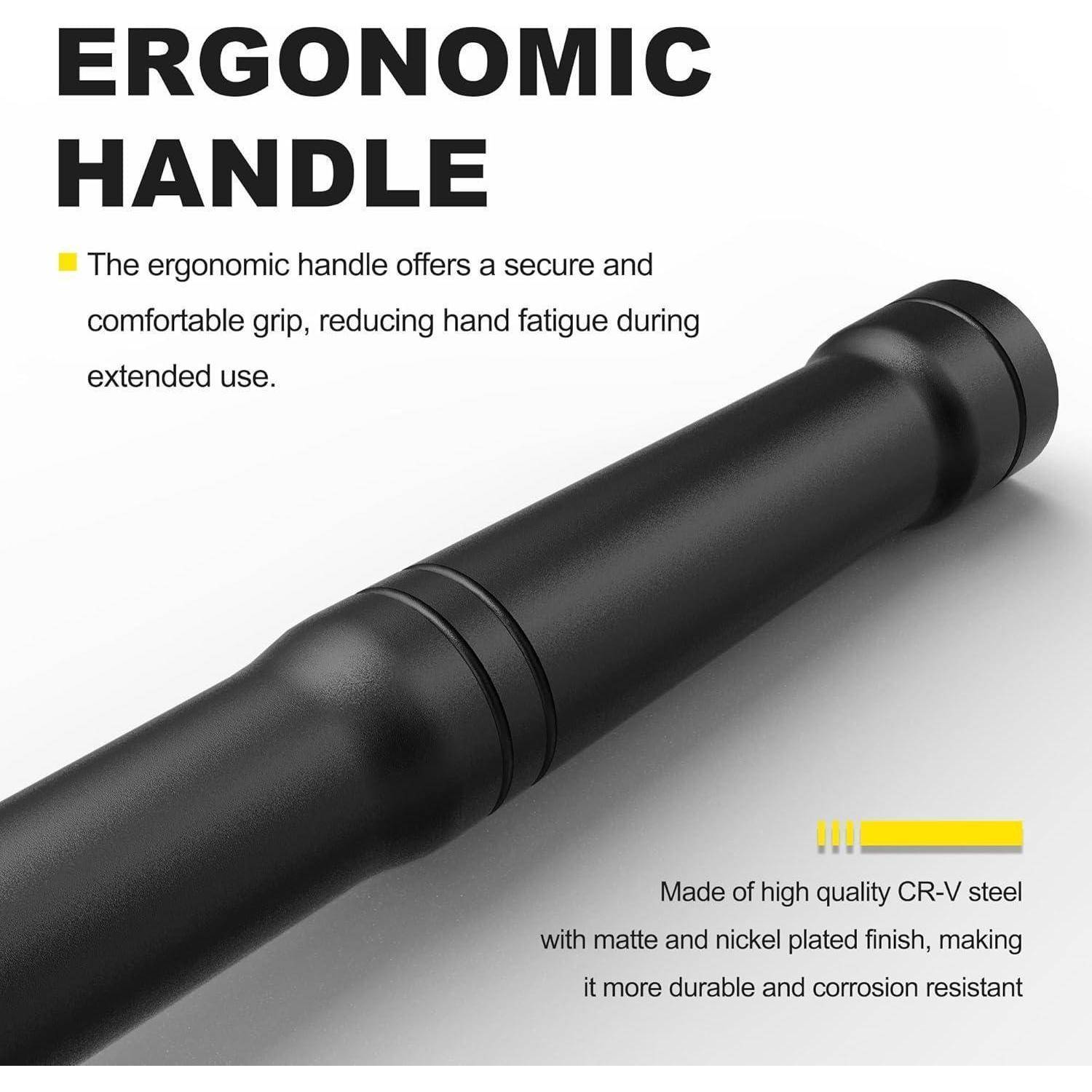 Schwarzer ergonomischer Griff mit der Bezeichnung „ERGONOMIC HANDLE