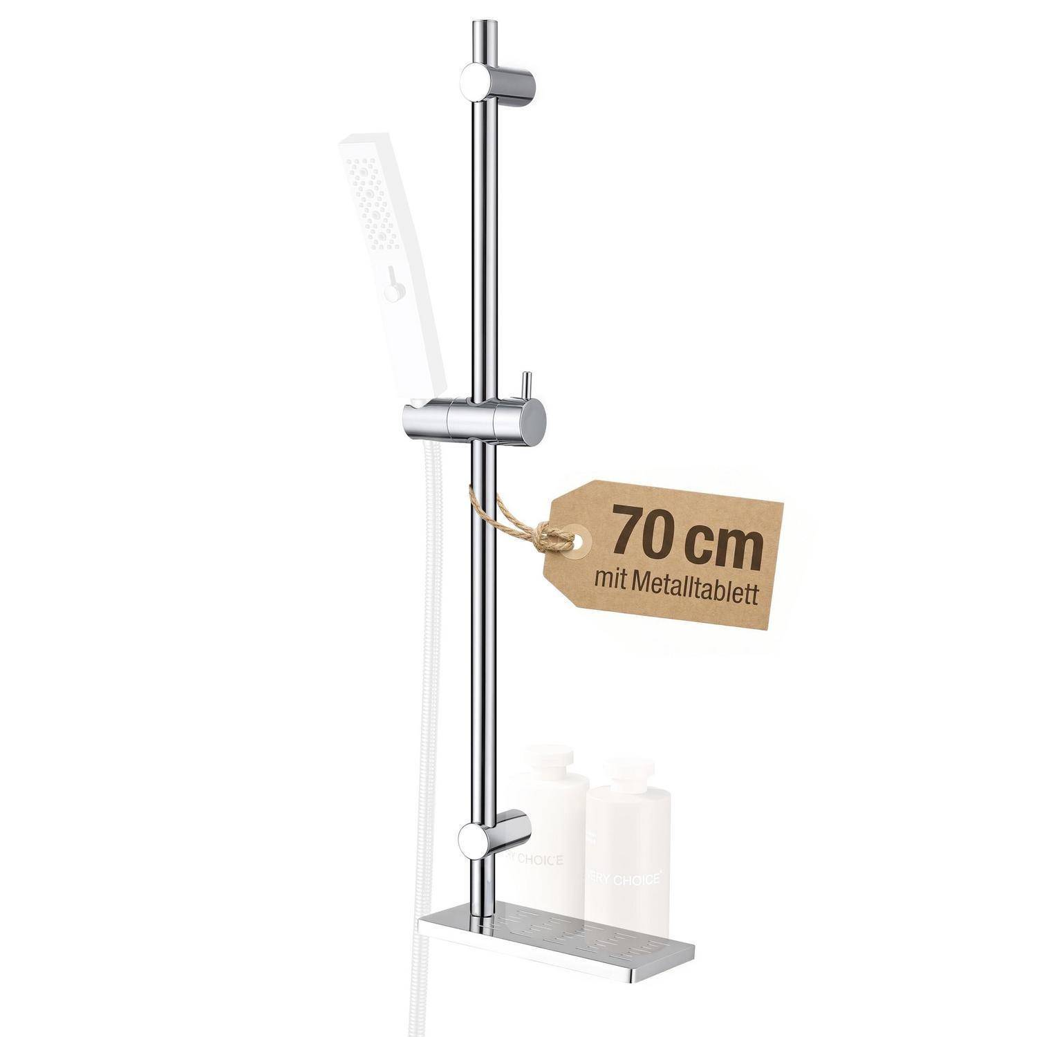Verchromte Duschstange mit verstellbarem Halter und Ablage, gekennzeichnet als '70 cm mit Metalltablett' – eine 70 cm Metallablage angebend.