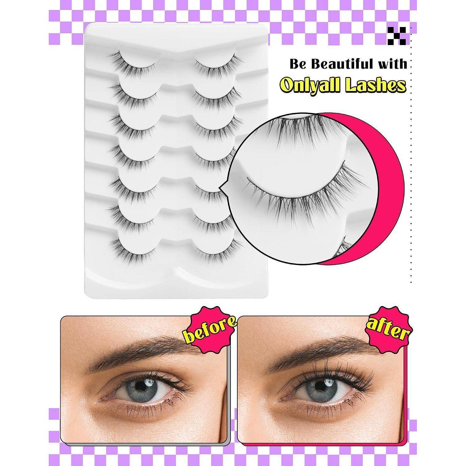 Werbebild für Onlyall künstliche Wimpern, das ein Tablett mit Wimpernstreifen, eine Nahaufnahme der Wimperndetails und Vorher-Nachher-Fotos der Augen zeigt, die vollere Wimpern demonstrieren.