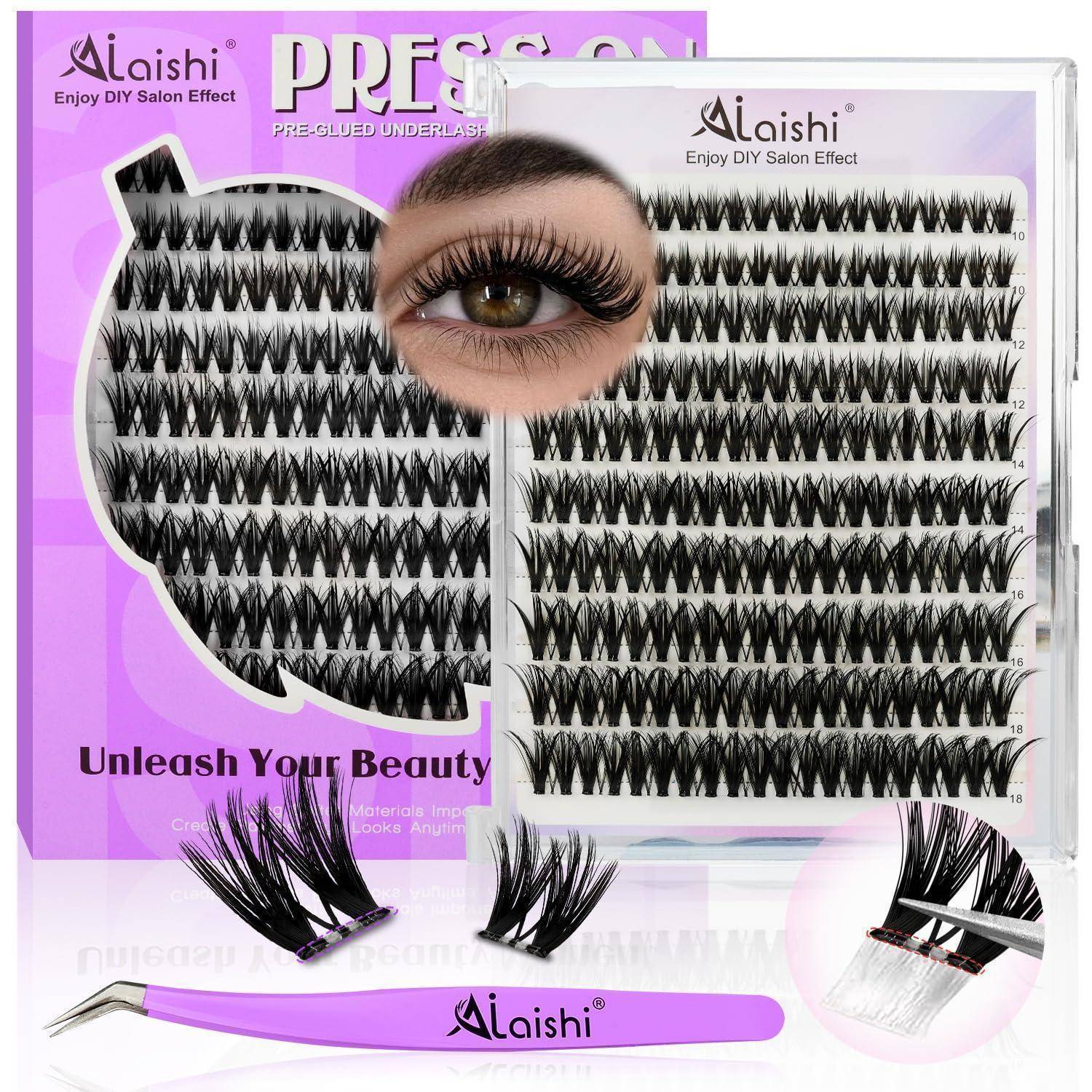 Aicaishi falsche Wimpernkollektion mit mehreren Wimpernstilen, einem violetten Etui, einer Pinzette und einem vergrößerten Augenmodell, beschriftet mit „PRESS