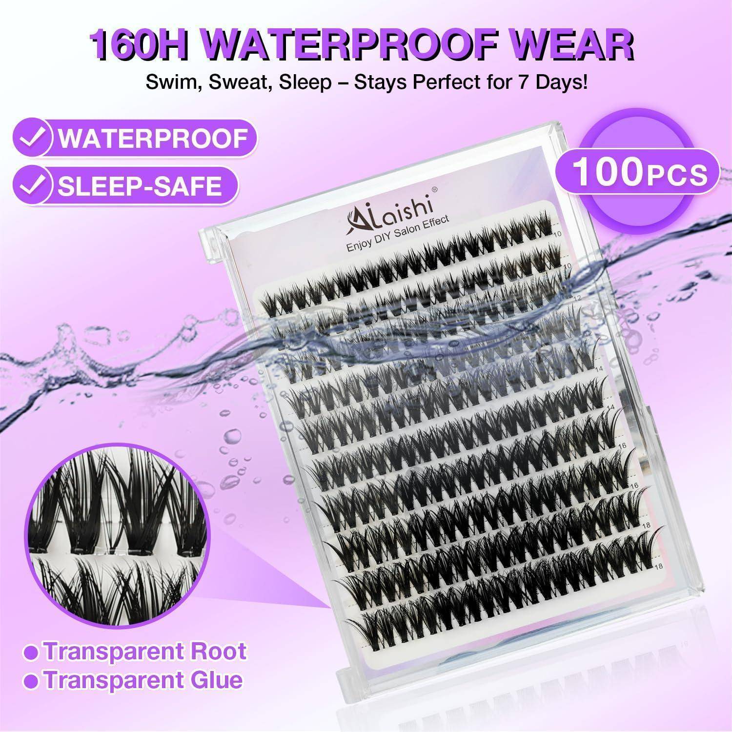 Werbung für Laishi-Wimpernverlängerungen: 100 Stück, 160H wasserdicht, schlaffreundlich, mit transparentem Ansatz und Klebstoff.