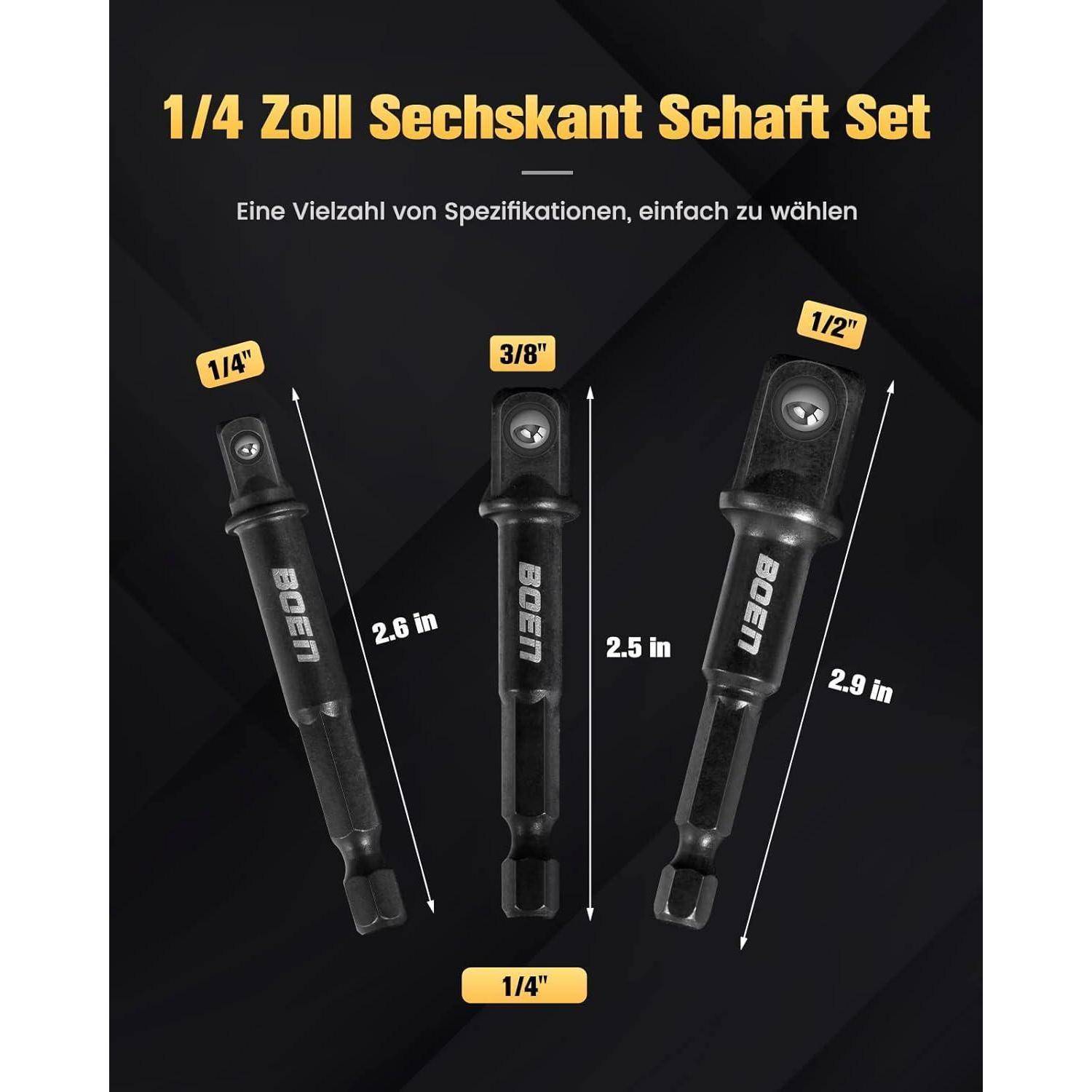 Drei Hex-Schaft-Adapterbits mit den Bezeichnungen 1/4, 3/8 und 1/2 Zoll, mit Längen von 2,6 Zoll, 2,5 Zoll und 2,9 Zoll für ein 1/4-Zoll-Hex-Schaft-Set.