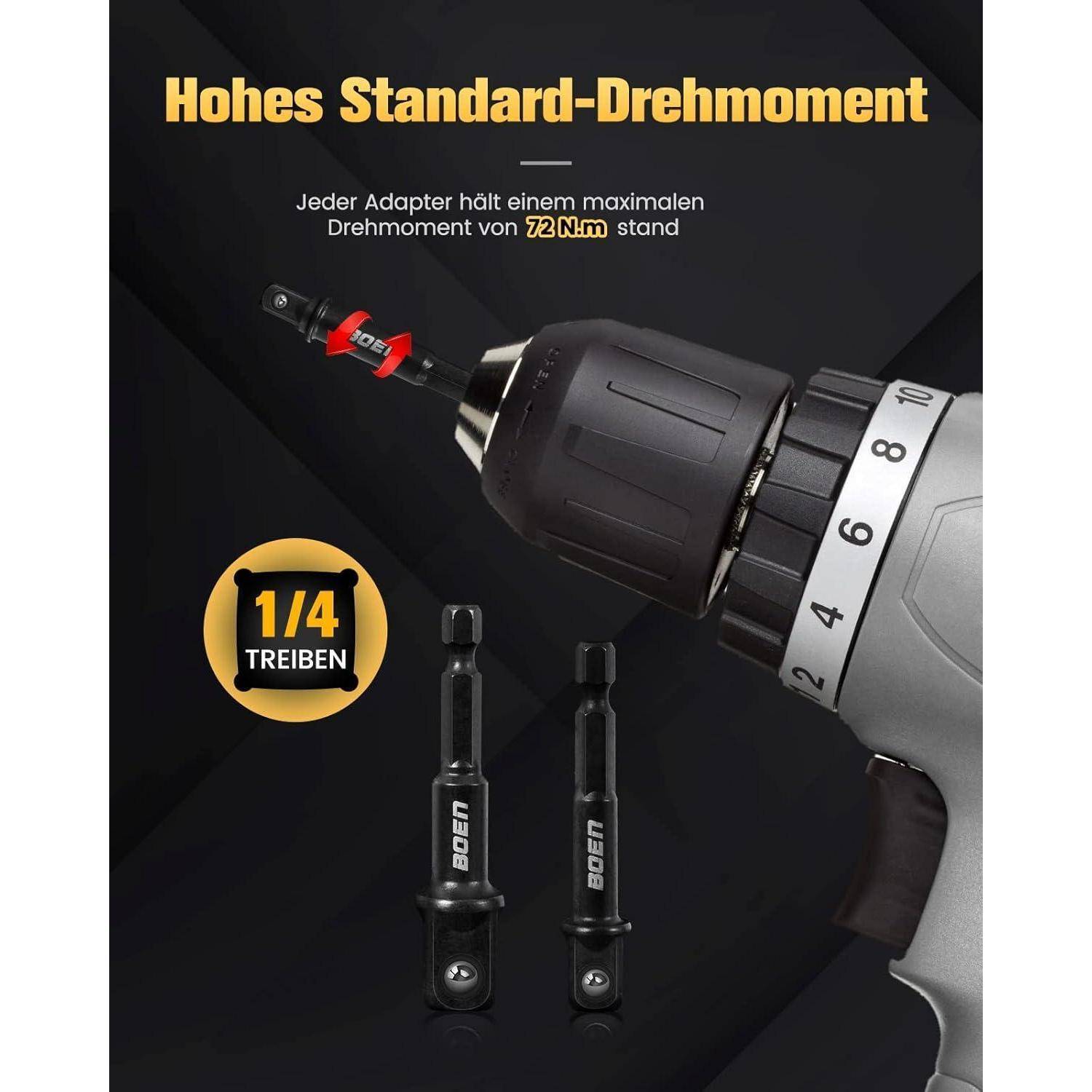 Deutscher Bohrmaschinen-Adapter Promo mit einer Bohrmaschine mit maximales Drehmoment von 72 Nm und 1/4 Zoll Antriebshexa-Bits, mit Hervorhebung der hohen Drehkraft und Bit-Kompatibilität.