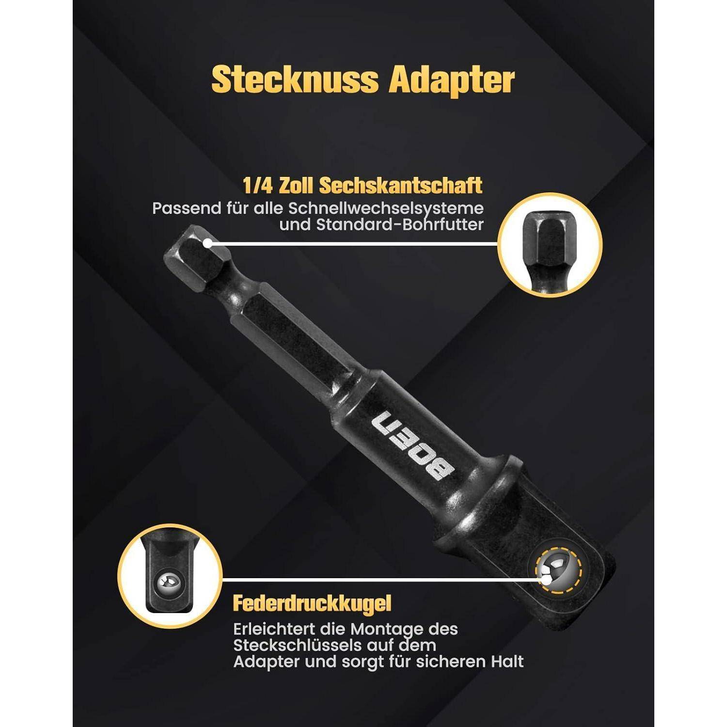Werbegrafik eines Bosch 1/4-Zoll-Schnellwechsel-Schaftadapters mit Nahaufnahme des Produkts und eingefügten Detailkreisen sowie deutschen Bezeichnungen, die die Kompatibilität und die federbelastete Kugelverriegelung beschreiben.
