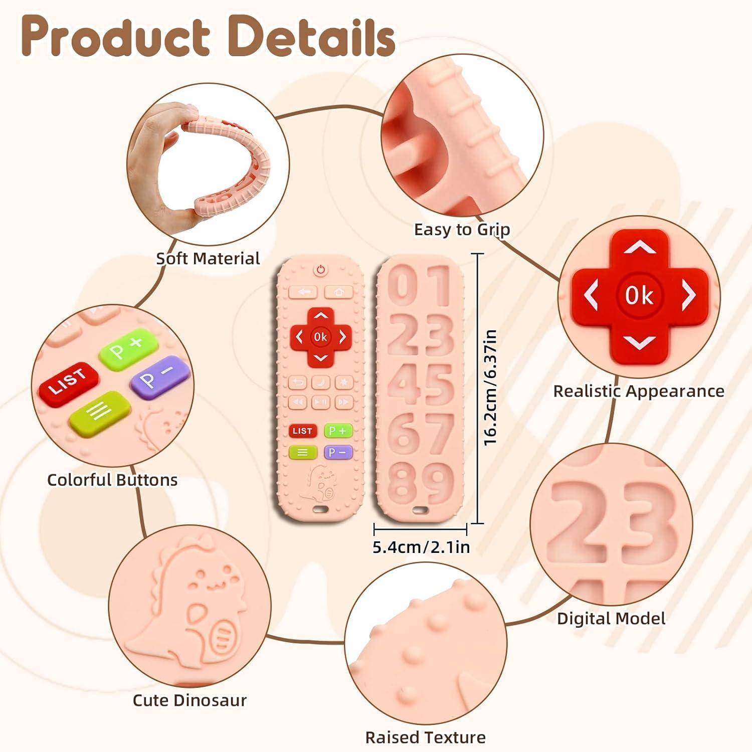 Produktdetails-Grafik mit einer rosa Fernbedienung aus weichem Material, ergonomischer Griffigkeit, farbenfrohen Tasten, niedlichem Dinosaurier-Design, erhabener Textur, realistischem Aussehen und den Abmessungen 16,2 cm x 5,4 cm.