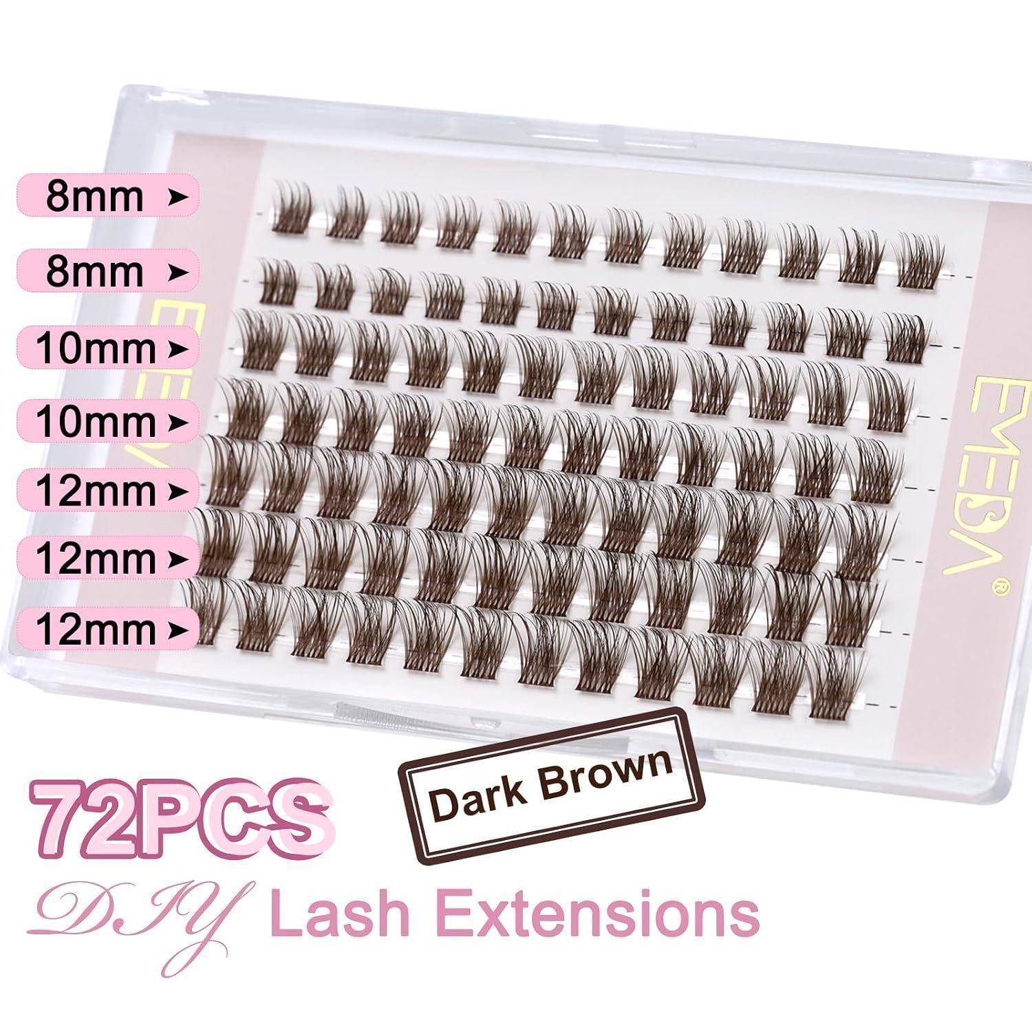 Transparente Schachtel mit 72 dunkelbrauen DIY-Wimpernverlängerungen, mit Reihen gekennzeichnet mit 8mm, 10mm und 12mm.
