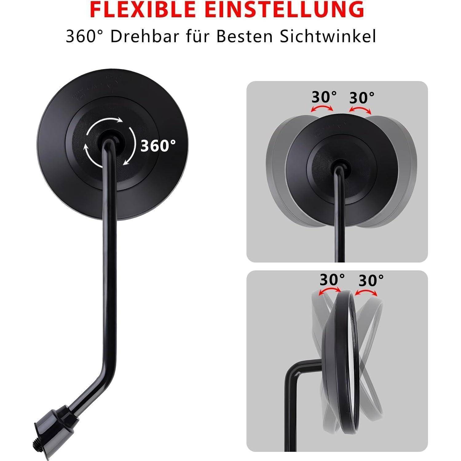 Illustration eines verstellbaren Lampenarms mit 360°-Rotation und 30°-Neigungswinkel für flexible Betrachtungswinkel.