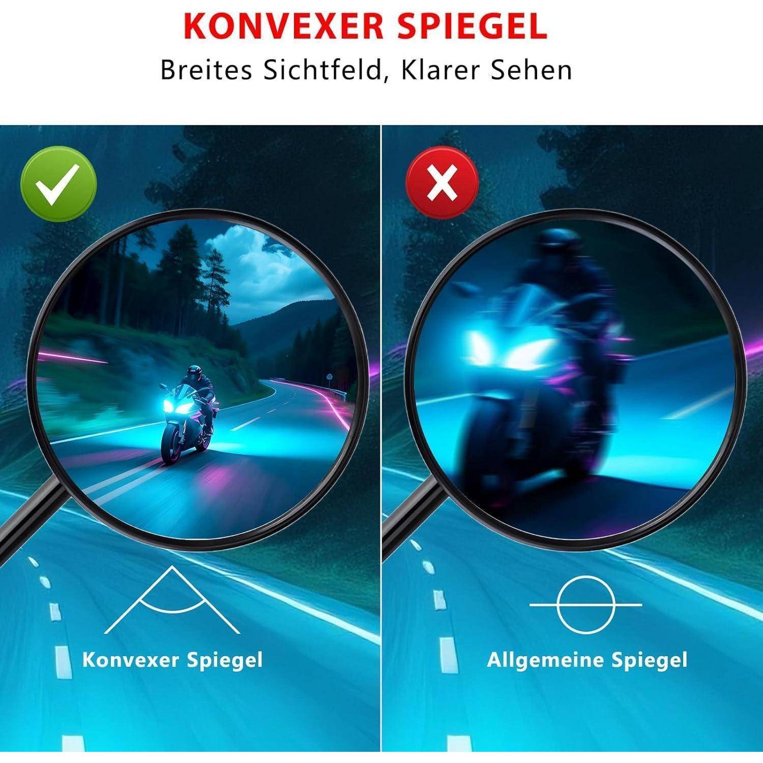 Vergleichsgrafik einer Konvexspiegels, der einen breiten, klaren Blick auf ein Motorrad auf einer Straße bietet, während ein normaler Spiegel eine verschwommene, eingeschränkte Ansicht zeigt.