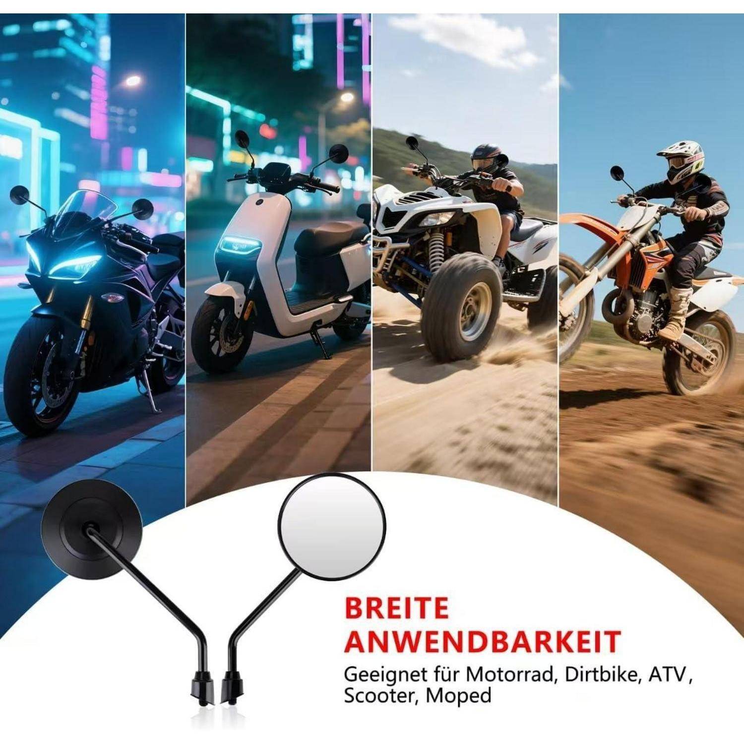 Motorrad Spiegel E9-Geprüft, Runde Motorrad Rückspiegel 360° Rotation, MotorradSpiegel M10 Kompatibel mit Scooter, Roller, ATV, Moped, Dikt-Bike
