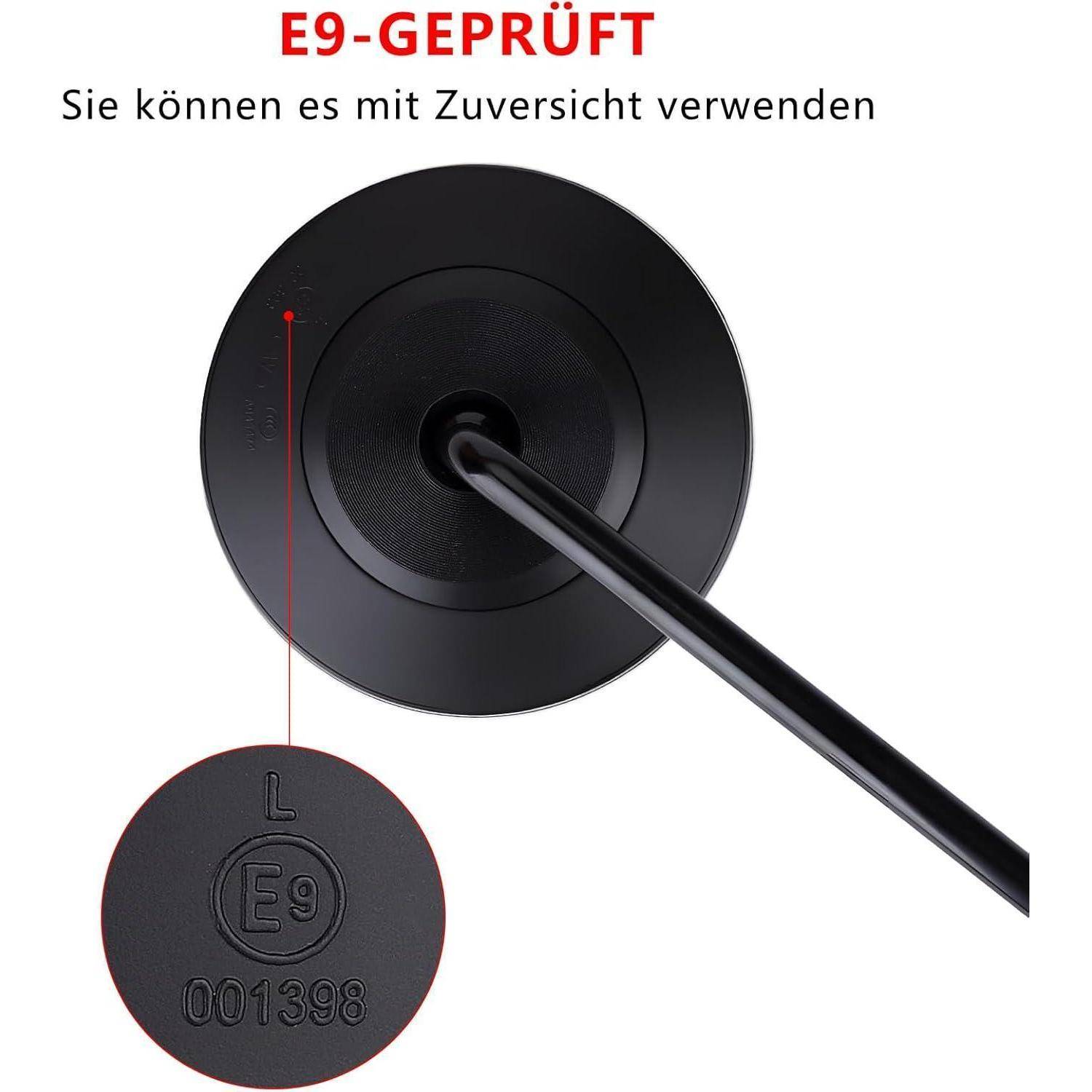 Schwarzer runder Spiegel mit Rückansicht und Befestigungsstiel; Text besagt „E9-GEPRÜFT