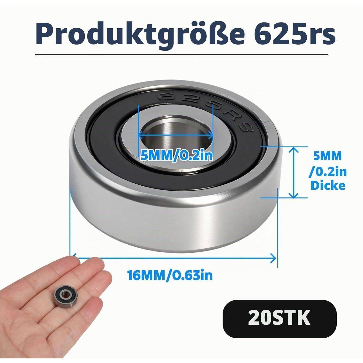 Produktbild eines 625RS-Kugellagers mit den Abmessungen 16 mm Außendurchmesser, 5 mm Innendurchmesser, 5 mm Dicke, mit '20STK' zur Angabe einer 20er-Packung.