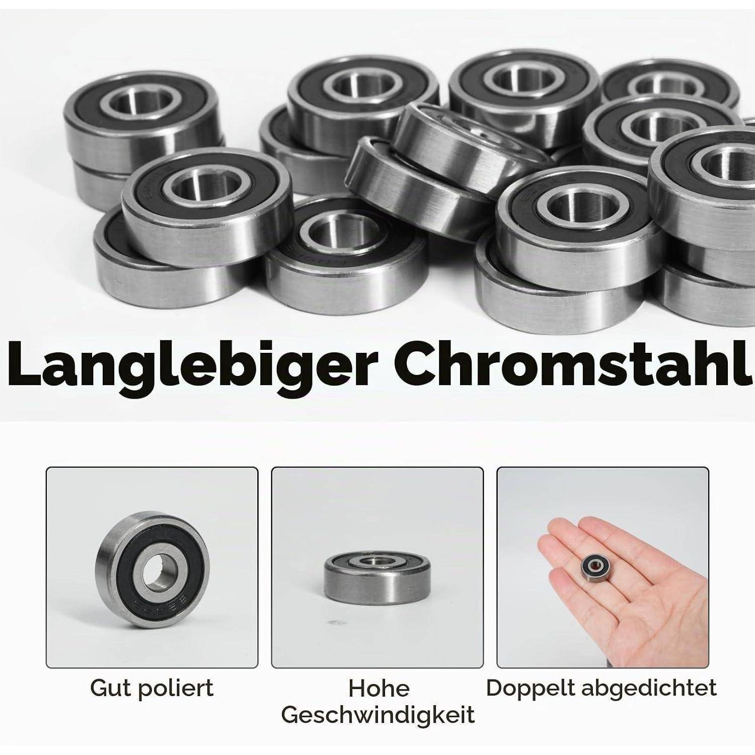Werbegrafik von glänzenden Kugellagern mit der Überschrift „Langlebiger Chromstahl" und drei Merkmalen: „Gut poliert"", „Hohe Geschwindigkeit"", „Doppelt abgedichtet"".