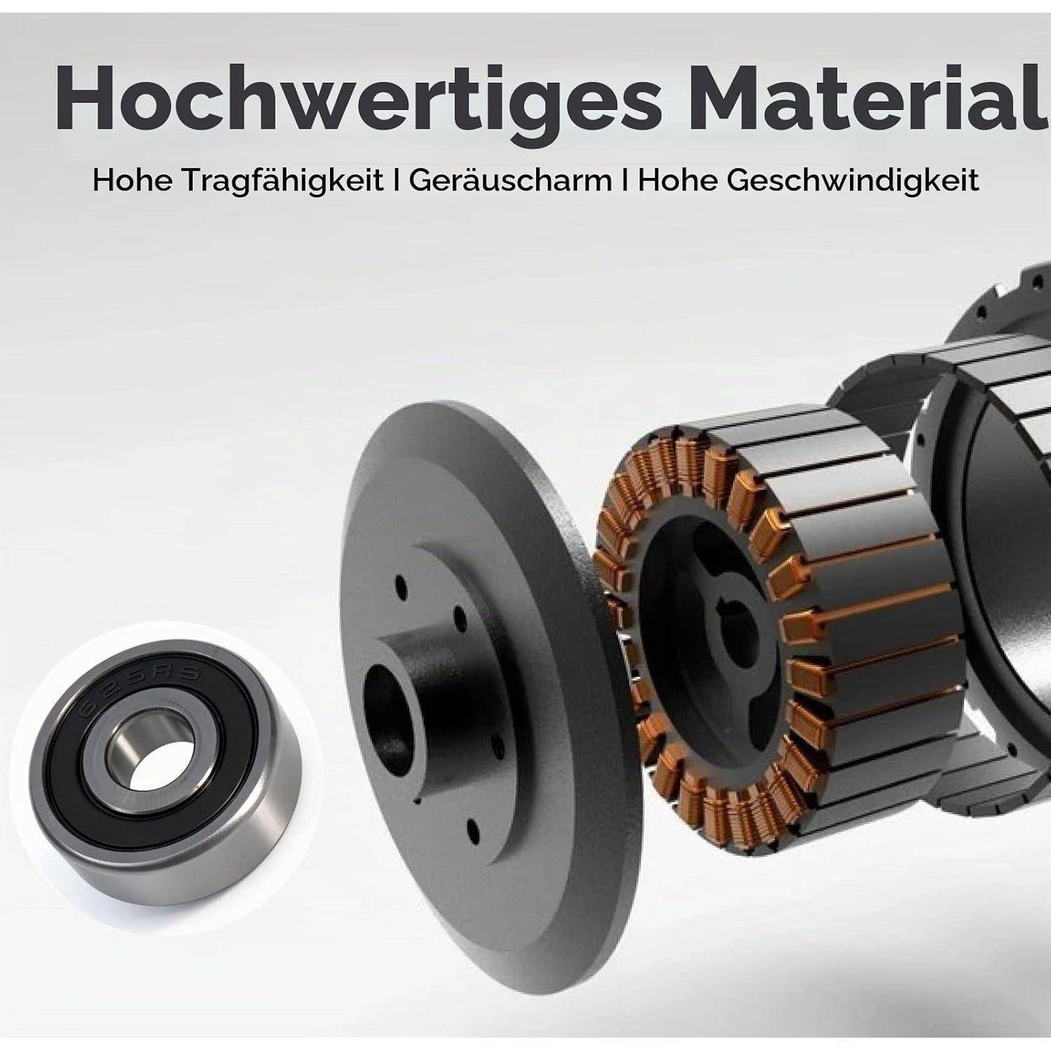 Produktanzeige, die ein Lager und Motorrotorteile mit deutschem Text zeigt: „Hochwertiges Material" und „Hohe Tragfähigkeit | Geräuscharm | Hohe Geschwindigkeit"" – Merkmale, die Qualität, Tragfähigkeit, niedriges Geräuschniveau und hohe Geschwindigkeit hervorheben.